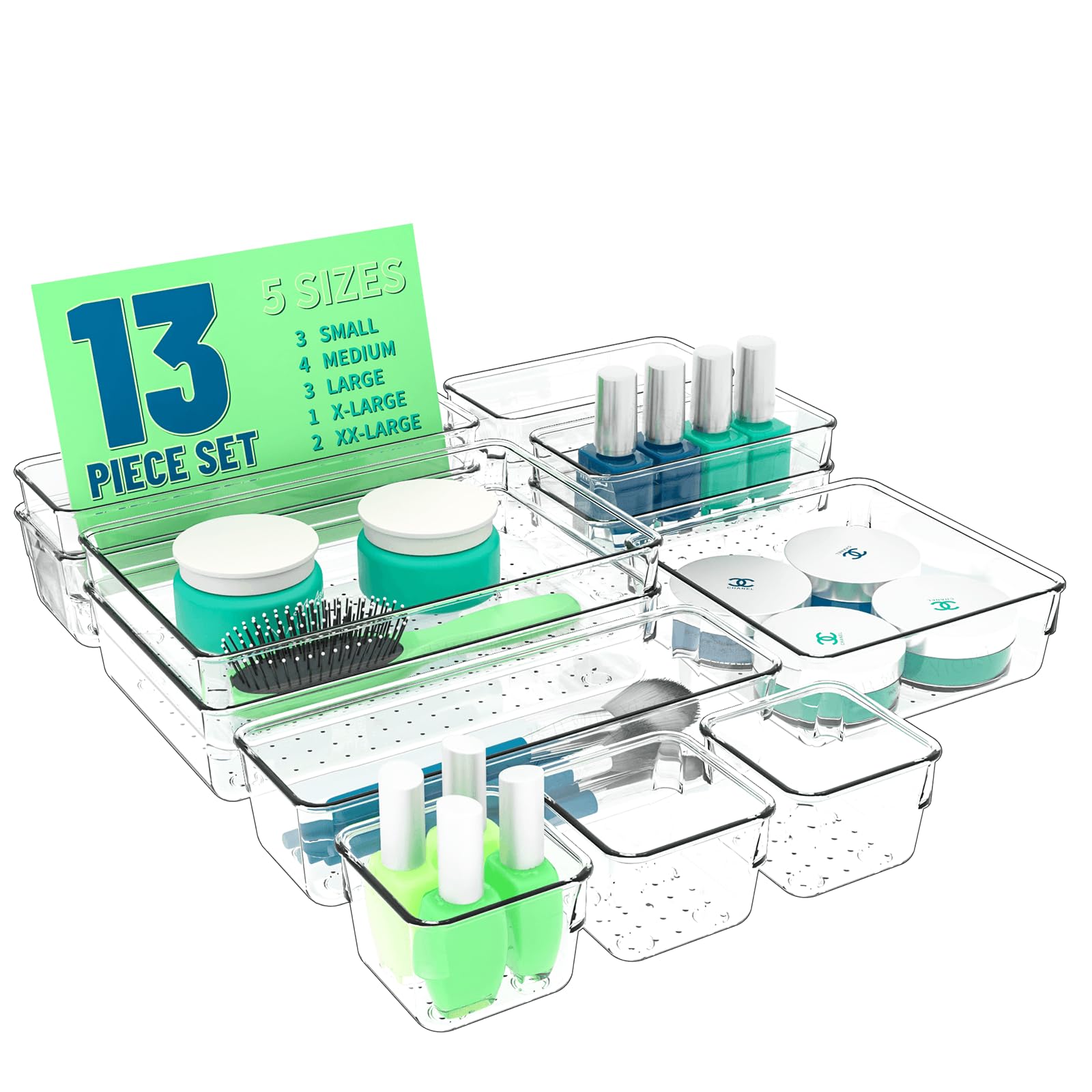 Yieach 13-Piece Clear Drawer Organizer Set - 5 Sizes for Desk, Bathroom & Kitchen Storage | Perfect for Makeup, Jewelry, Gadgets & Office Supplies | Ideal for Bedroom, Bathroom & Office Organization