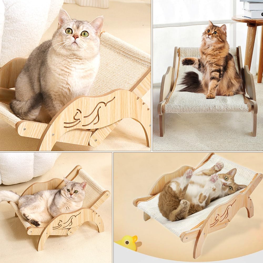 Adjustable Elevated Cat Hammock Bed - Breathable Outdoor & Indoor Pet Lounger with Sisal Scratching Post - Perfect for Summer, Beach, or Home Relaxation - Cooling Raised Cat Couch for Comfortable Napping & Play