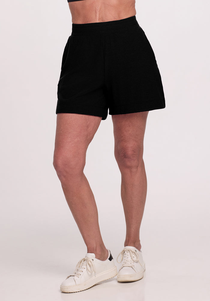 Maisey Ribbed Shorts for Women - High Waist Stretchy Black Shorts | Comfortable Casual & Workout Shorts for Yoga, Running, and Lounge Wear