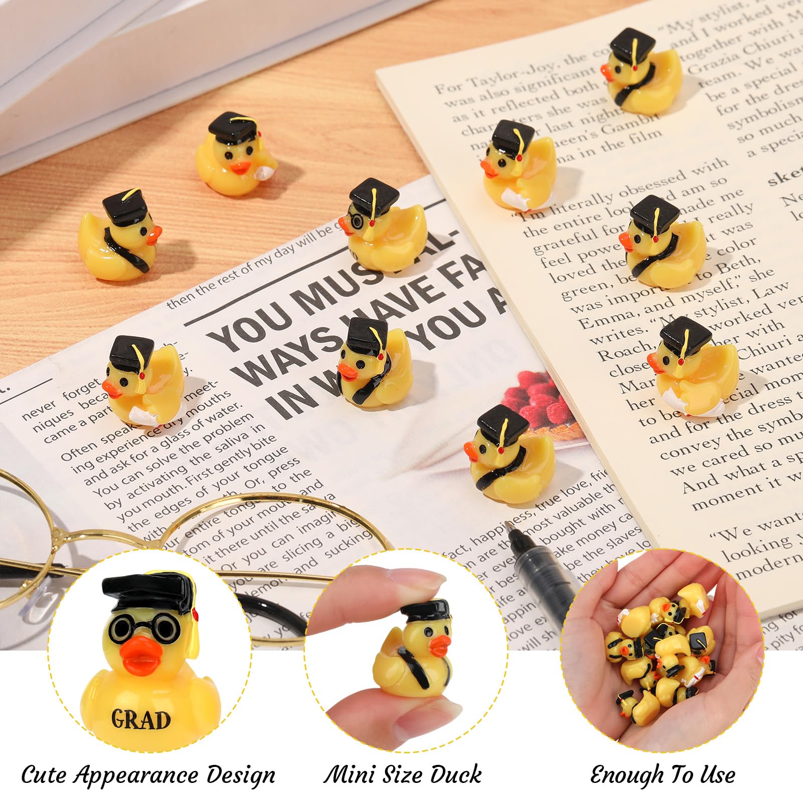60 Pcs Mini Graduation Resin Ducks with Caps - Bulk Yellow Grad Duck Decorations for Graduation Parties, Gifts & Keepsakes (3 Styles) - Perfect for Graduation Centerpieces, Cake Toppers & Goodie Bag Fillers