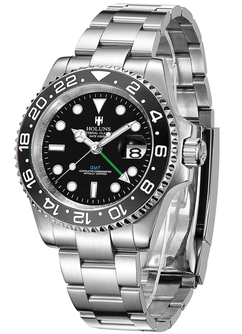 Men's GMT Automatic Watch - Luxury Stainless Steel with Ceramic Bezel, Sapphire Crystal, Waterproof & Luminous - Perfect for Business Travel & Night Out (Black)