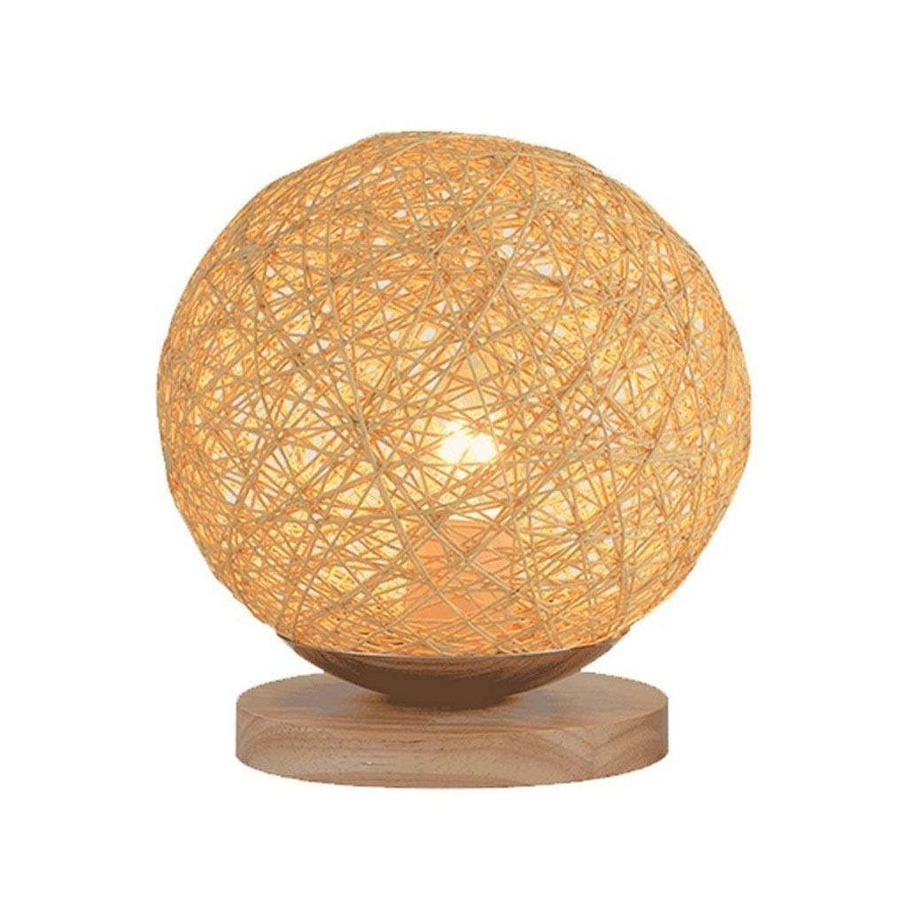 Round LED Table Lamp with Hand-Woven Natural Rattan Shade - Beige Night Light for Bedroom, Living Room, Study | Dimmable Hemp Ball Desk & Bedside Lamp for Cozy Ambience, Reading & Relaxation