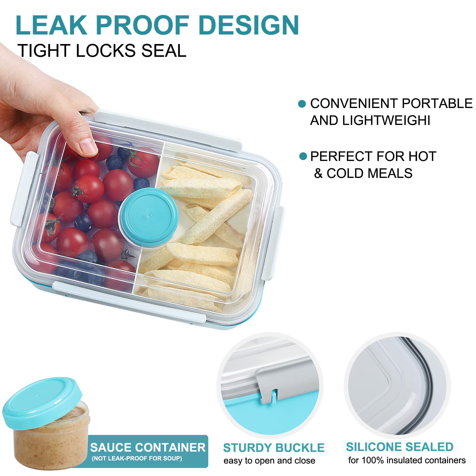 3 Pack 47oz Bento Box Salad Containers - Reusable Microwave Safe Food Storage Containers with Lids, Removable Tray & Dressing Pots for Meal Prep - Perfect for Kids Lunch Boxes, Office Meals & Picnic Food Storage