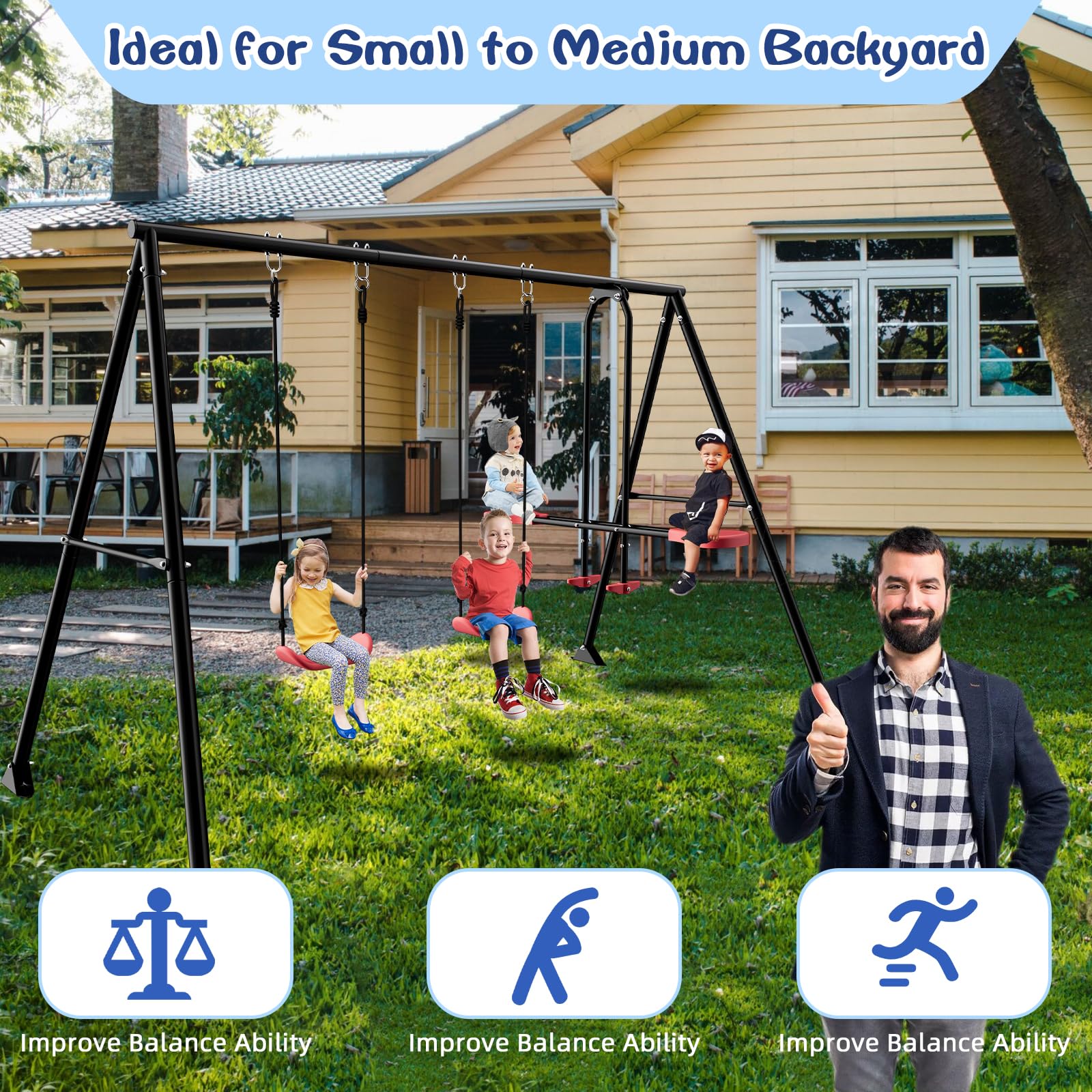 Heavy Duty Outdoor Swing Set for Kids - 500lbs Capacity A-Frame Metal Stand with 2 Seats & Glider | Backyard Playground Equipment for Outdoor Fun & Family Bonding
