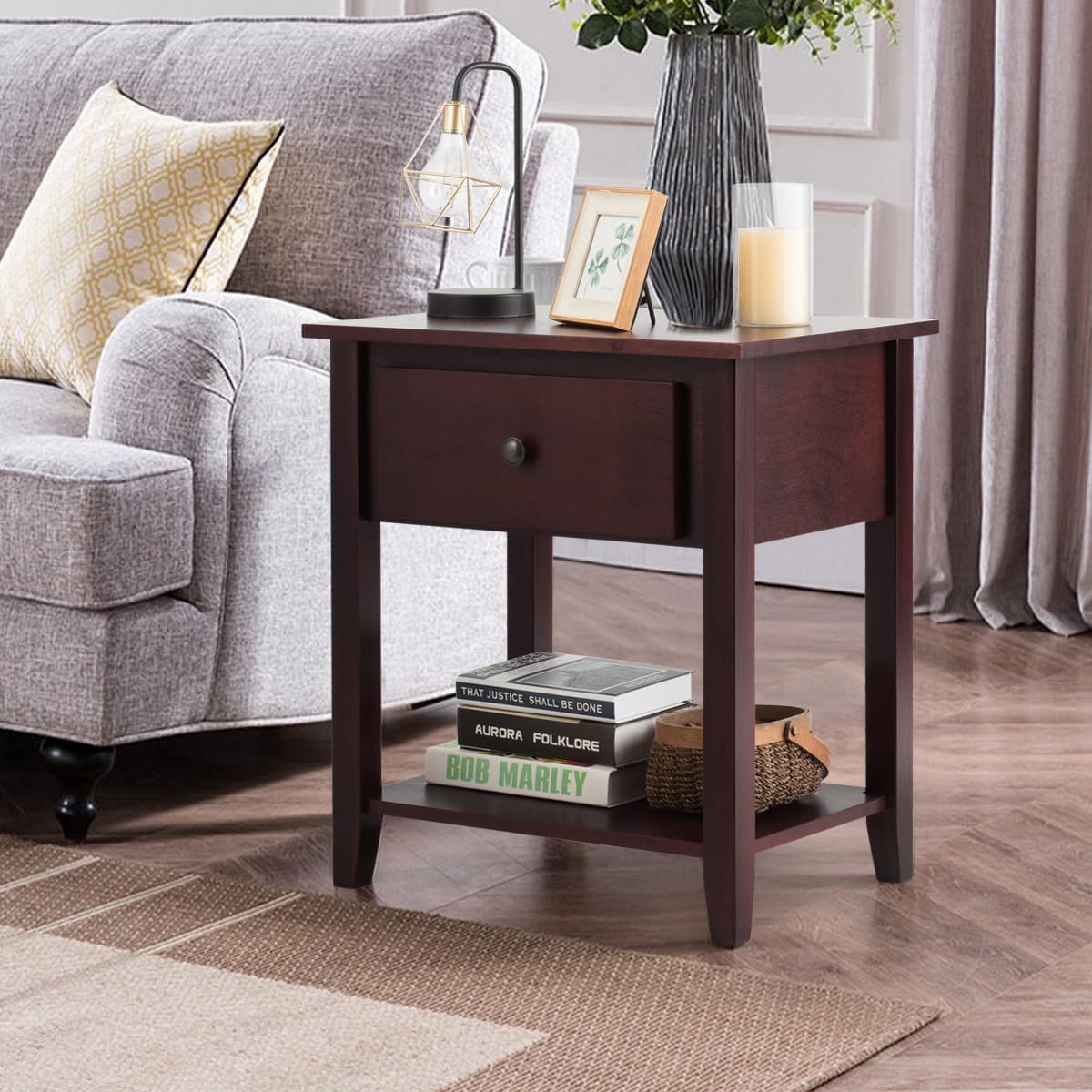Tangkula End Table with Drawer - Modern Nightstand with Storage Shelf | Bedside Table for Bedroom, Living Room & Office | Perfect as Sofa Side Table, Accent Table with Open Shelf for Books & Decor
