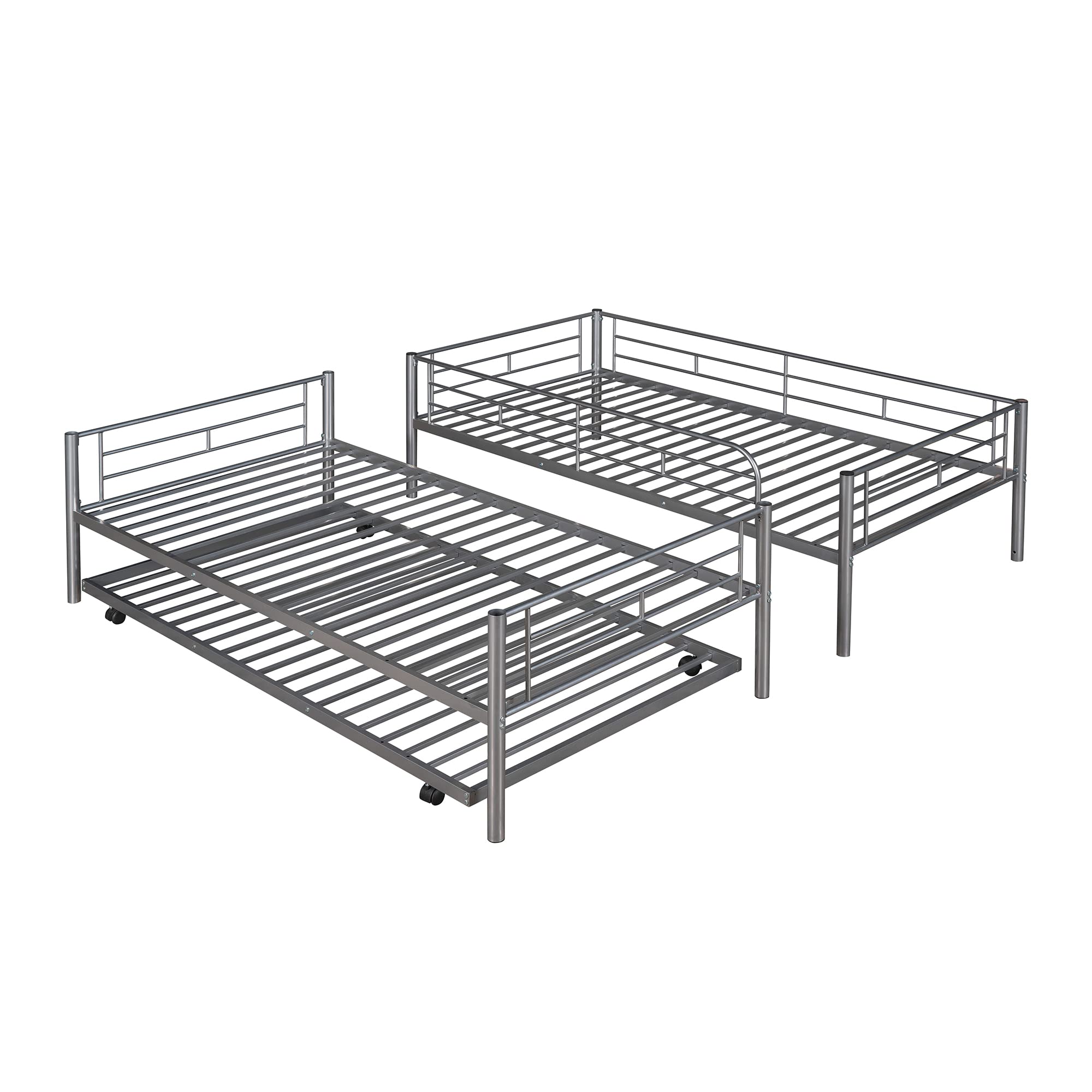 P PURLOVE Twin Over Twin Metal Bunk Bed with Trundle - Convertible to 2 Separate Beds - Space-Saving Design with Ladder - No Box Spring Required - Silver Finish - Perfect for Kids' Rooms, Guest Rooms & Small Spaces