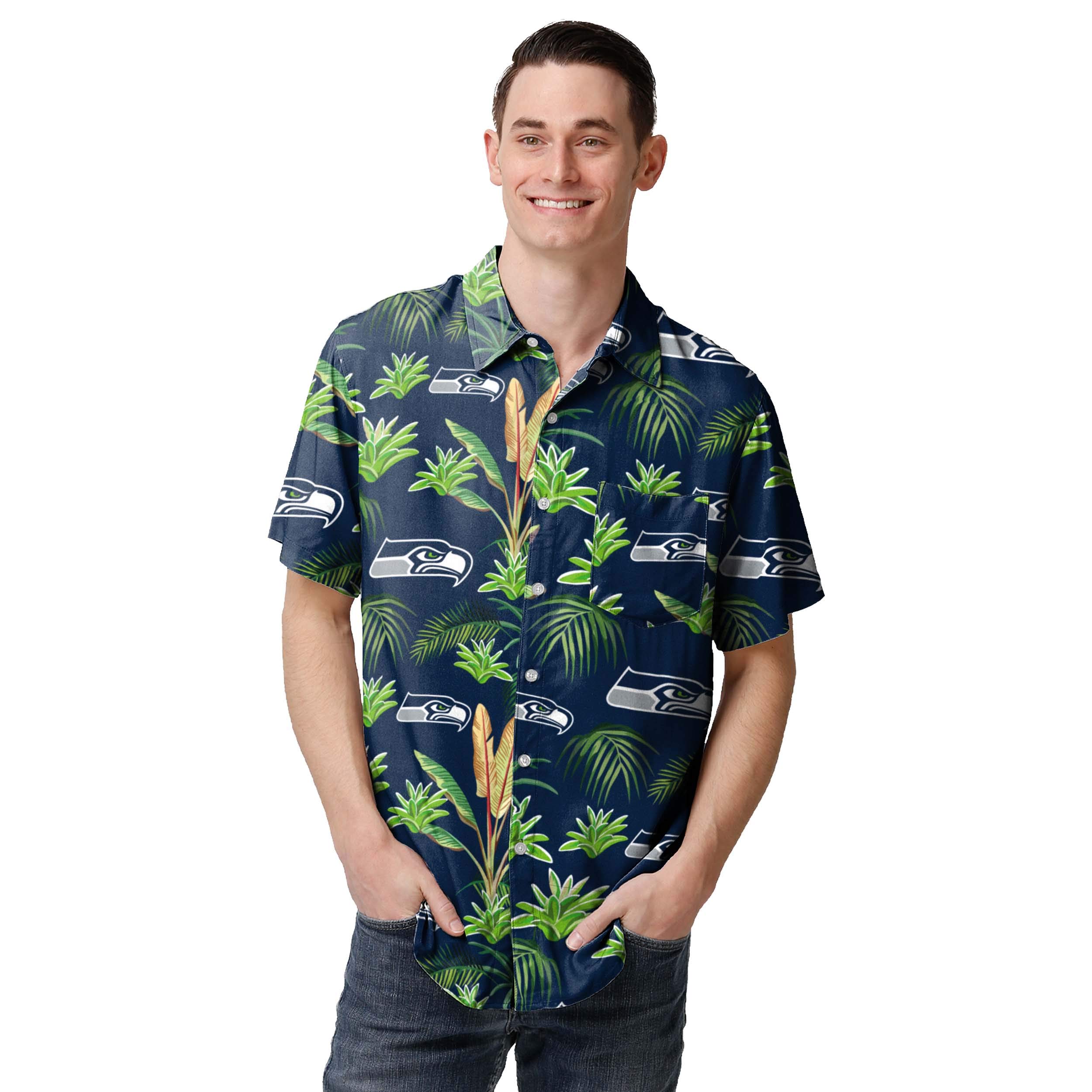 FOCO Men's Floral Tropical Button Up Shirt - Hawaiian Aloha Shirt for Summer Beach Vacation, Pool Party & Casual Wear