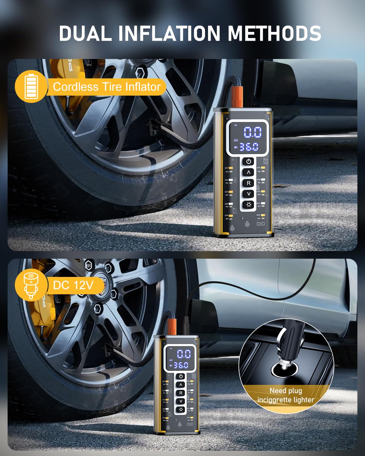Portable Tire Inflator Air Compressor with 20000mAh Battery - Digital Pressure Gauge, Auto Shut-Off - Fast Inflation for Car, Bike, Motorcycle Tires & Sports Balls - Perfect for Road Trips, Emergency Use & Home Garage