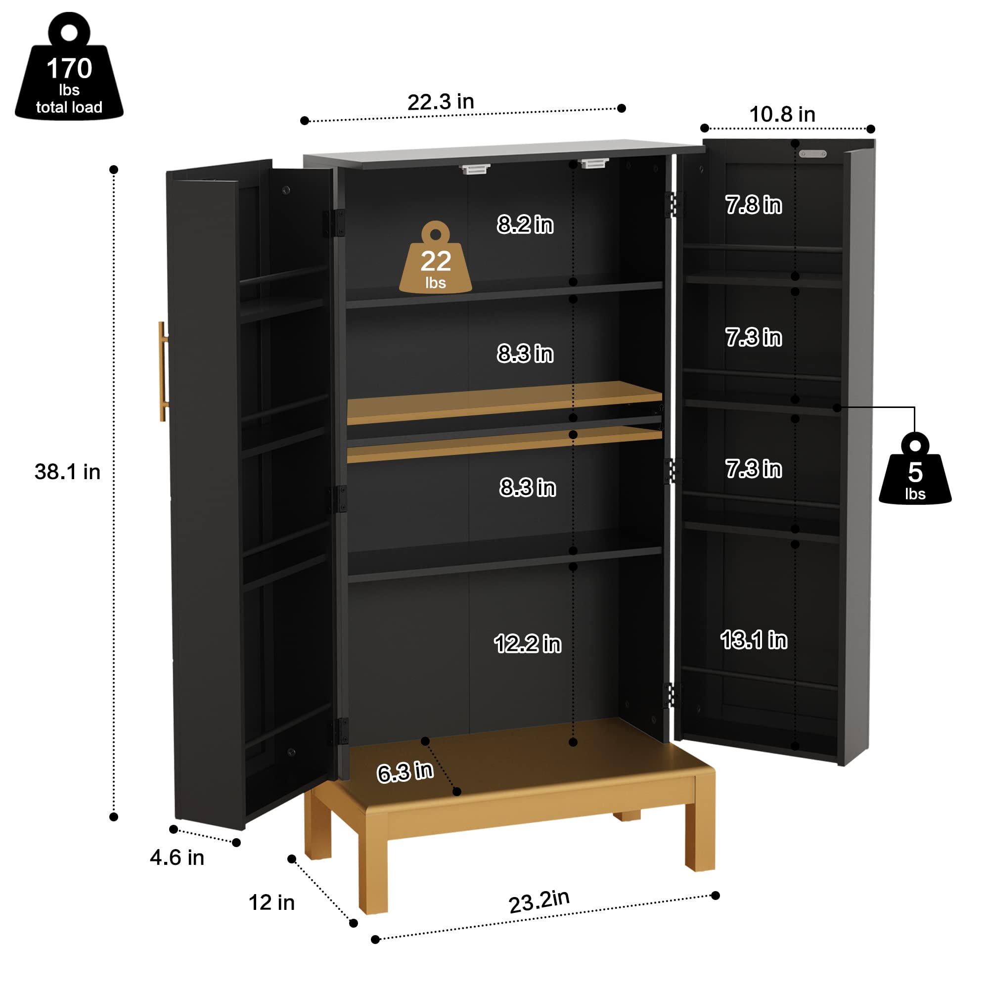 ARTPOWER 45-Inch Kitchen Pantry Cabinet with Gold Trim - Adjustable Shelves & Doors - Black Storage Cabinet with Gold Legs for Kitchen, Dining Room & Living Room - Perfect for Organizing Food, Dishes & Home Essentials