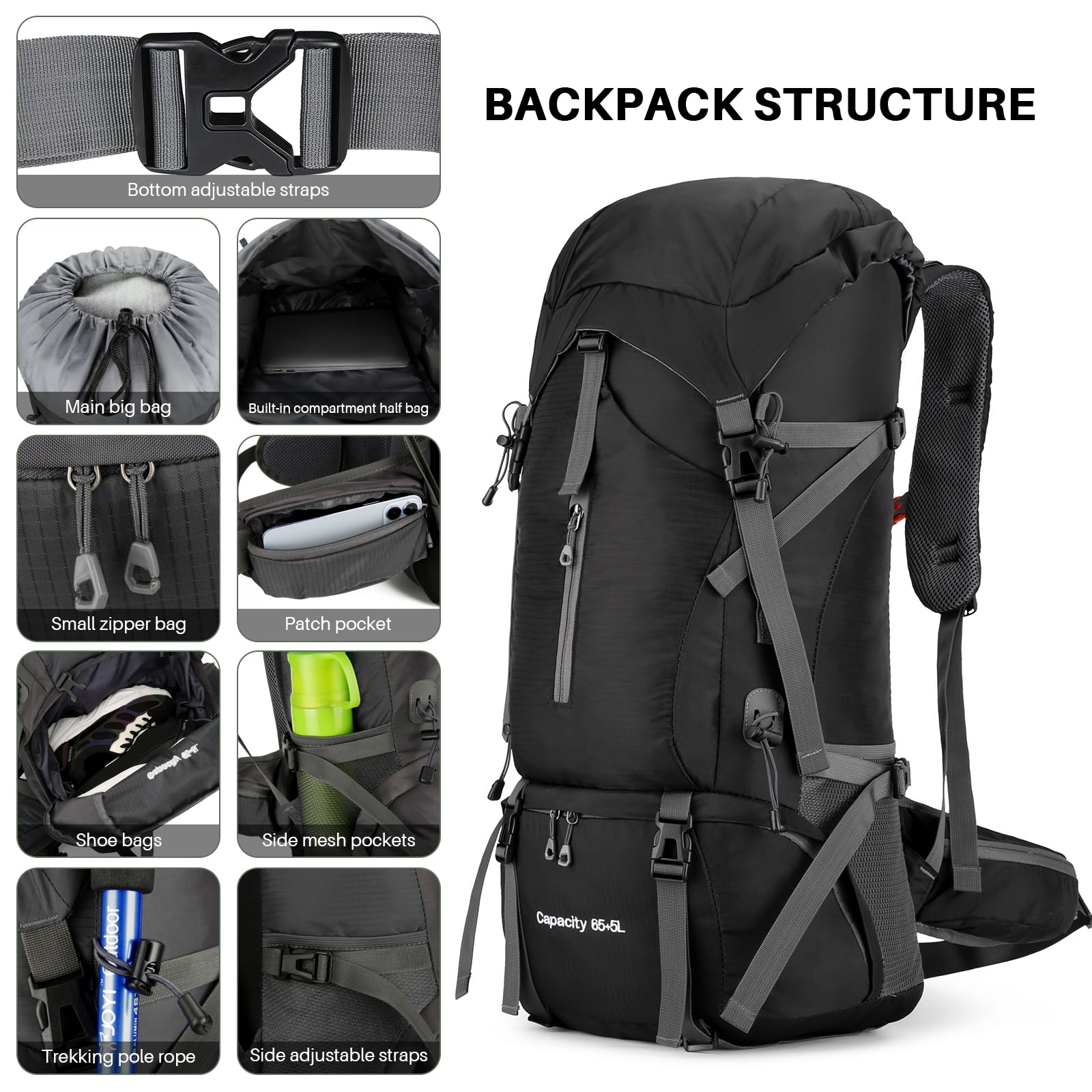 OKYUK 70L Waterproof Hiking Backpack - Lightweight Camping Backpack for Mountain Climbing, Outdoor Sports & Travel - Durable Daypack with Rain Cover - Perfect for Hiking, Camping, Cycling & Adventure Tours (Black, 70L)
