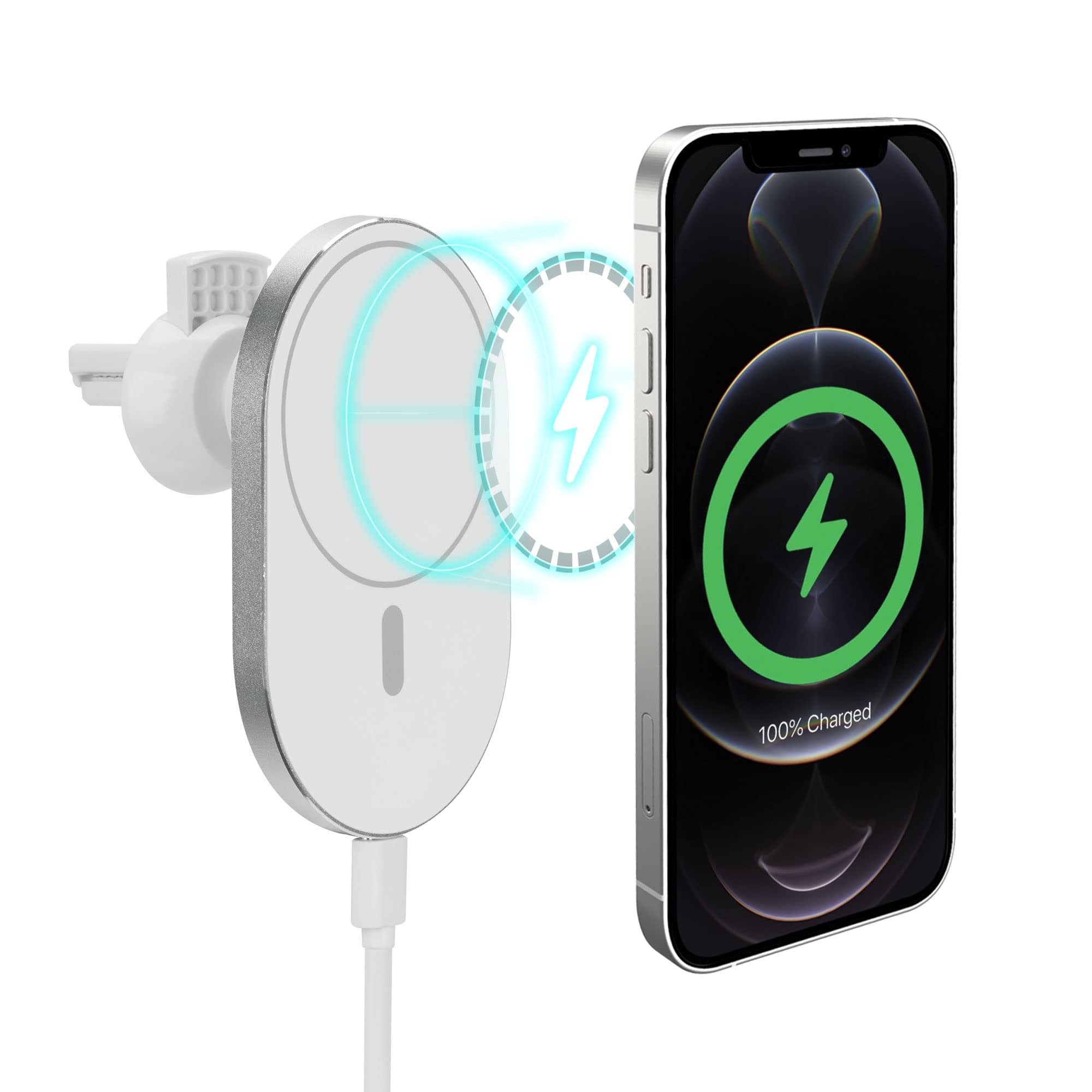 iHome Magnetic Wireless Car Charger Mount - 10W Fast Charging, Compatible with iPhone 12/13 & MagSafe Cases (White) | Secure Air Vent Phone Holder for Safe Driving & Hands-Free Navigation