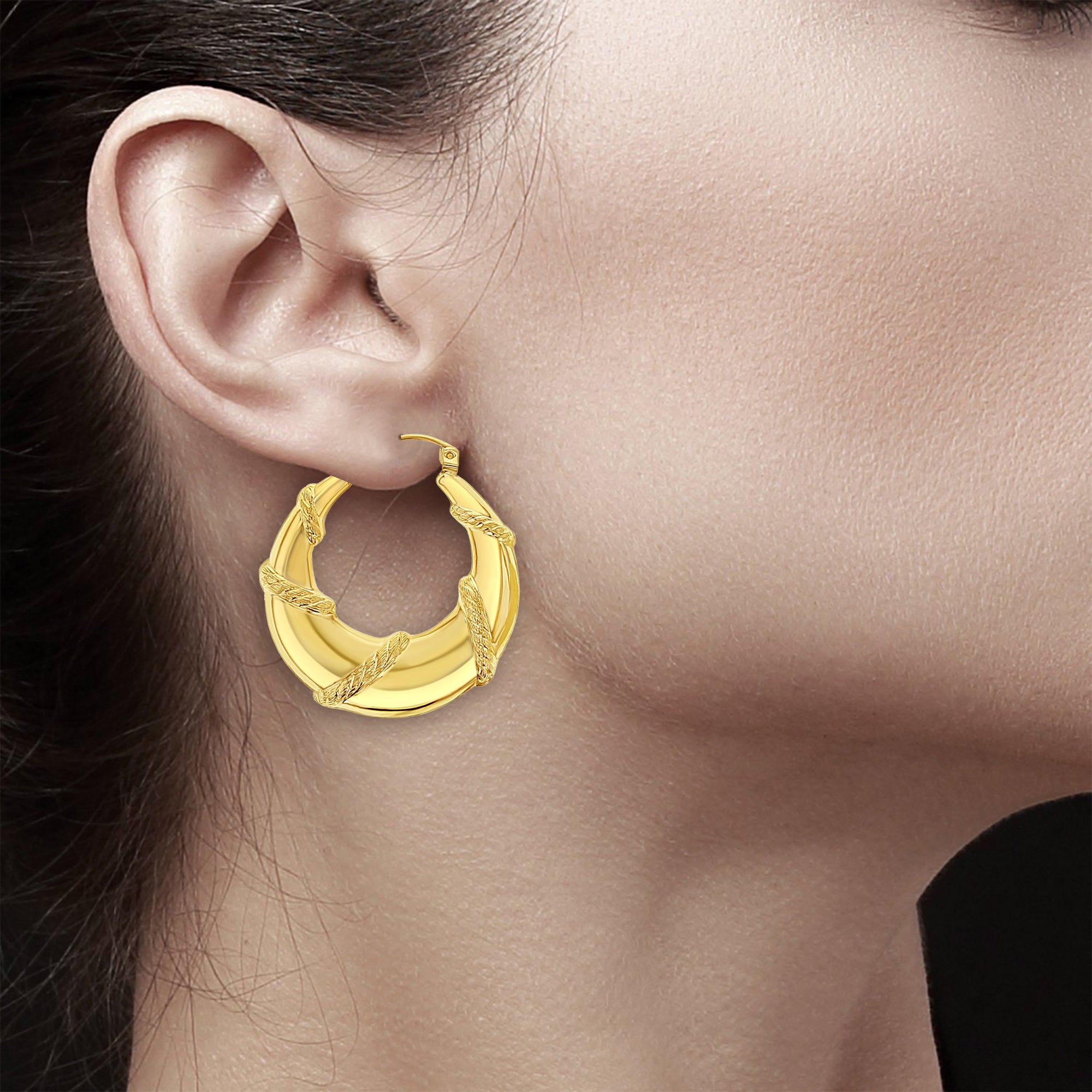 14K Yellow Gold Rope Intertwined Polished Hoop Earrings for Women - Perfect for Everyday Wear, Parties & Special Occasions