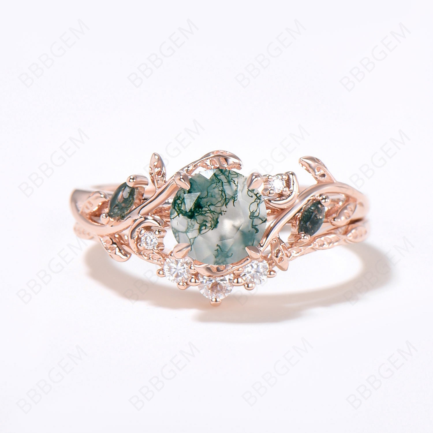 14K Rose Gold Moss Agate Engagement Ring Set - Nature Inspired Leaf Vine Design with Round Aquatic Agate Wedding Band (2-Piece Bridal Set) | Perfect for Outdoor Weddings, Beach Proposals & Boho Chic Jewelry Lovers