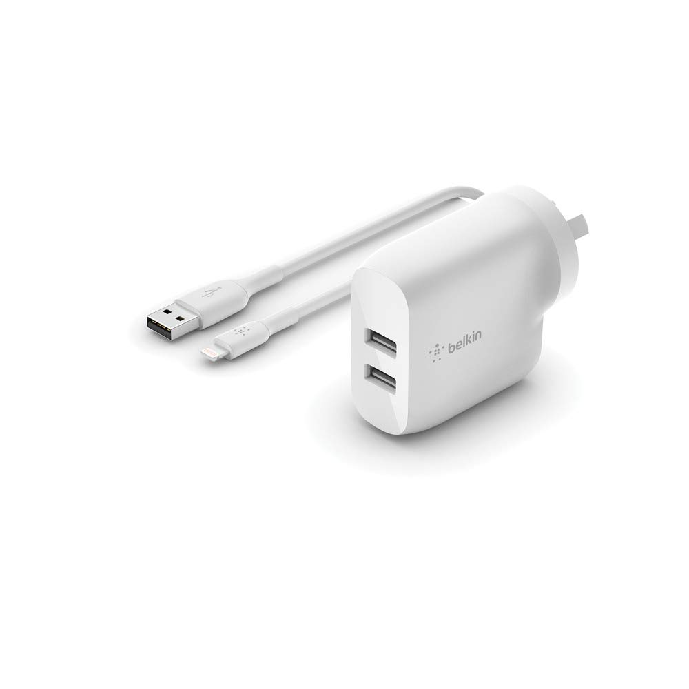 Belkin Boost Charge 24W Dual USB-A Wall Charger with Lightning Cable - Fast Charging for iPhone, iPad & More - Perfect for Home, Office & Travel