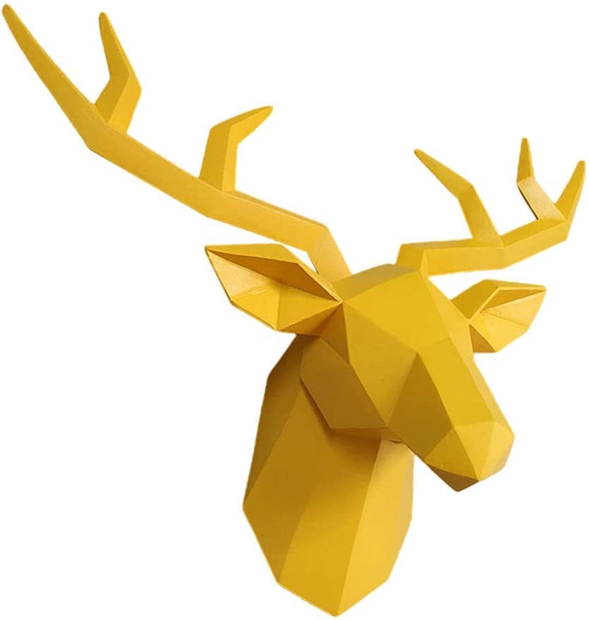 3D Deer Head Wall Mount Sculpture - Realistic Elk Antler Decor for Living Room, Office, Gallery - Yellow - Perfect for Rustic, Farmhouse & Hunting Lodge Decor