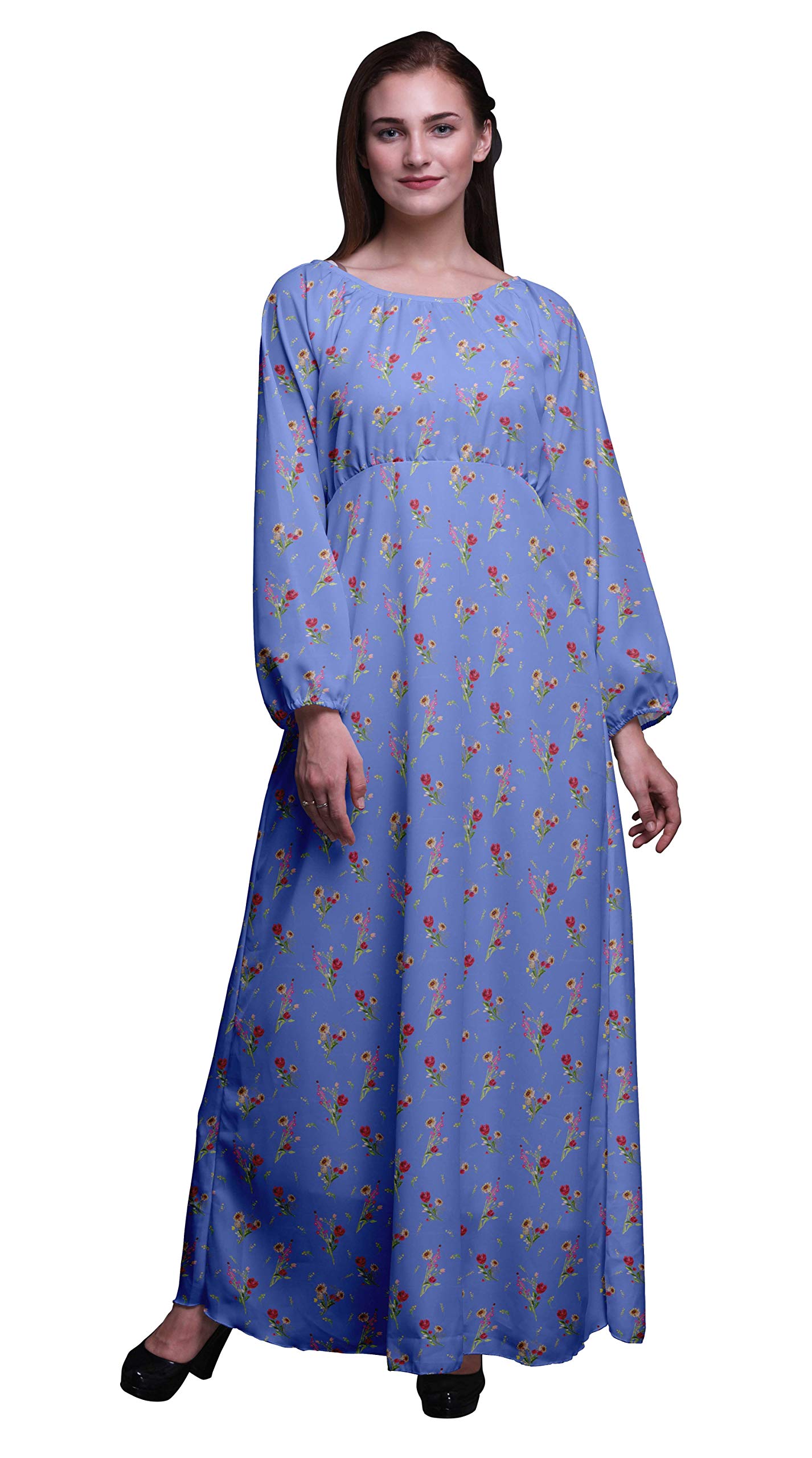 Bimba Printed Women's Maxi Dress - Long Sleeve Polyester Georgette with Elastic Waist - Flowy Summer Casual Dress for Beach, Vacation & Outdoor Events