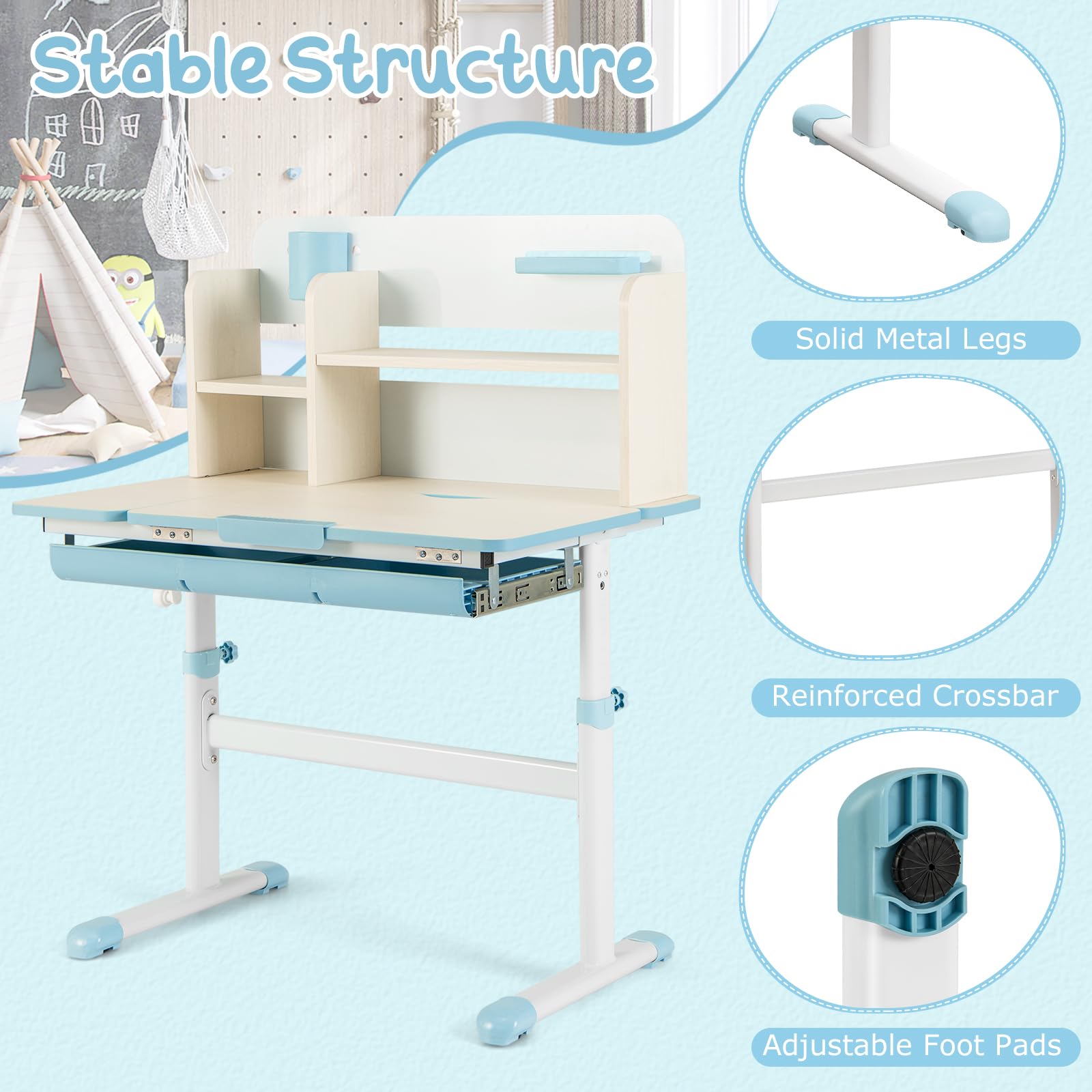 **Costzon Adjustable Kids Study Desk with Storage - Height Adjustable Children's School Desk, Tilt Desktop, Pen Holder & Ruler - Perfect for Homeschooling, Online Learning & Homework (Blue)**