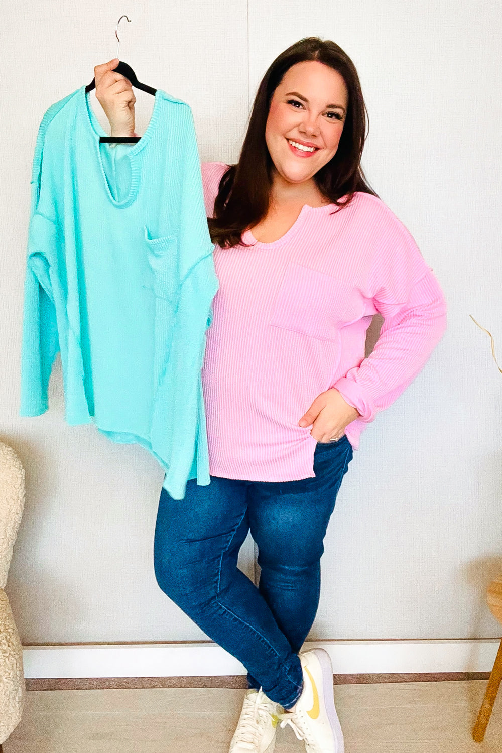 Eyes On You Seafoam Green Mineral Wash Ribbed Notch Neck Pocket T-Shirt | Casual Women's Top for Summer Outfits & Beach Wear