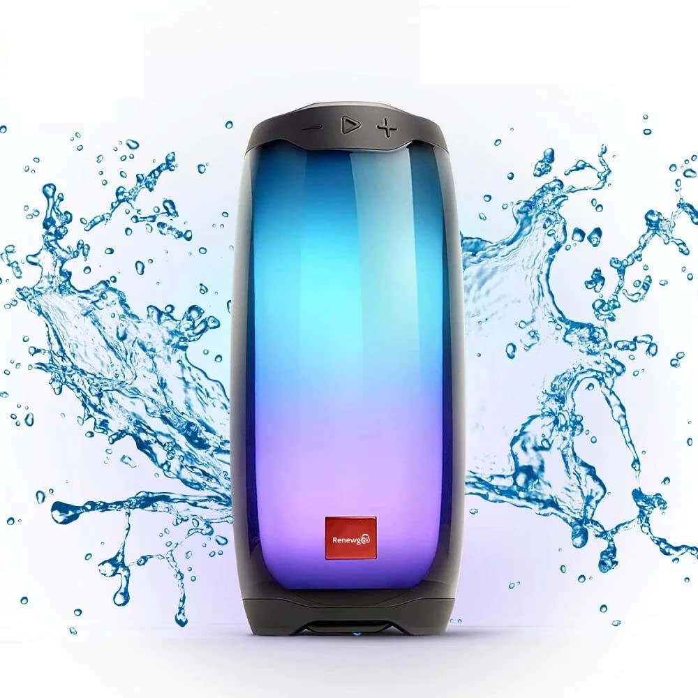 Renewgoo GlowGoo IPX7 Waterproof Bluetooth Speaker with LED Light Show - Portable Wireless Rechargeable Speaker for Pool Party, Beach, Camping & Outdoor Activities | Multi-Color Changing Lights, Black