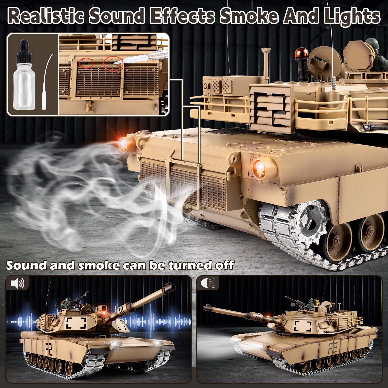 1/16 Scale RC Tank - US M1A2 Abrams Remote Control Military Toy with Smoke, Sound & LED Lights | Upgraded Metal Tracks, Steel Gearbox & Rechargeable Batteries | Realistic Battle Simulation for Adults & Kids | Outdoor Play & Collectible Display
