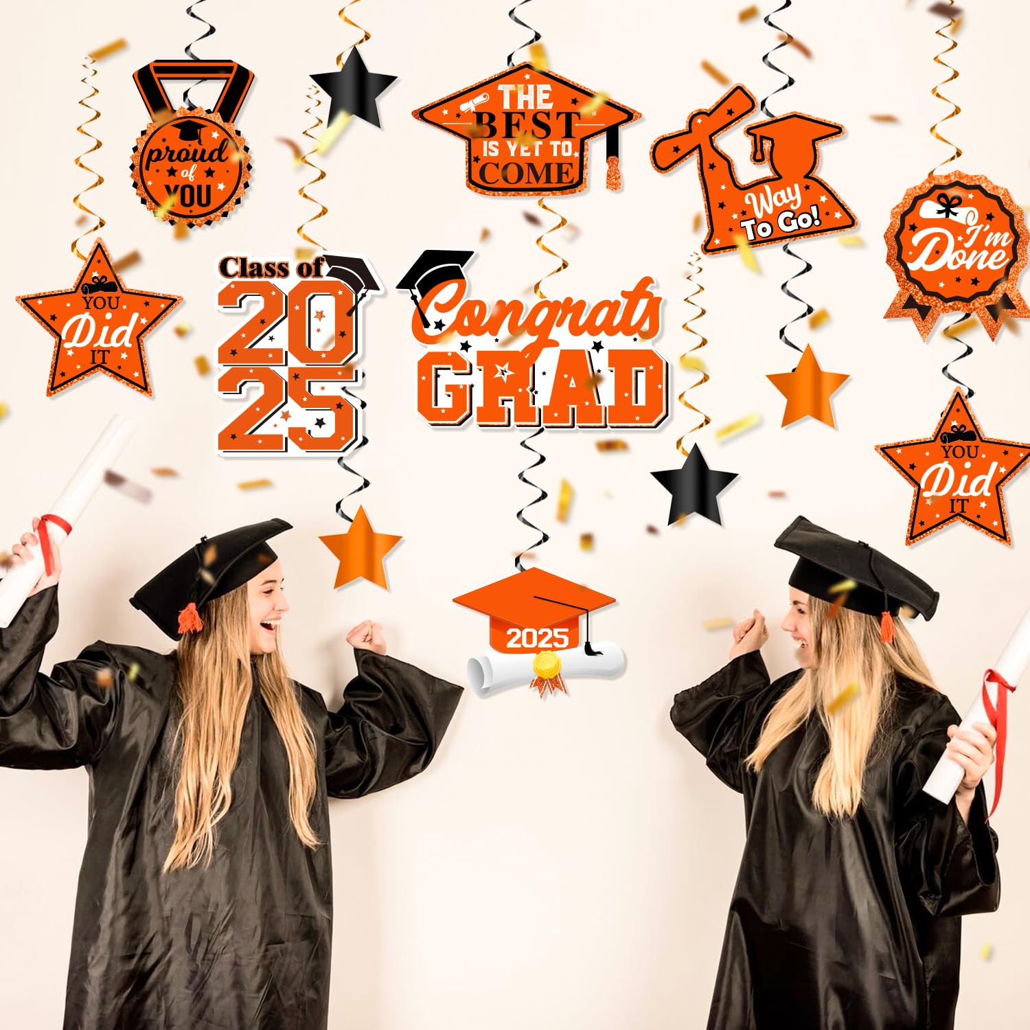40Pcs Orange Graduation Party Decorations 2025 - Hanging Swirls for Graduation Ceremony, Congrats Grad Orange and Black Decor - Perfect for Graduation Parties, School Events & Photo Backdrops