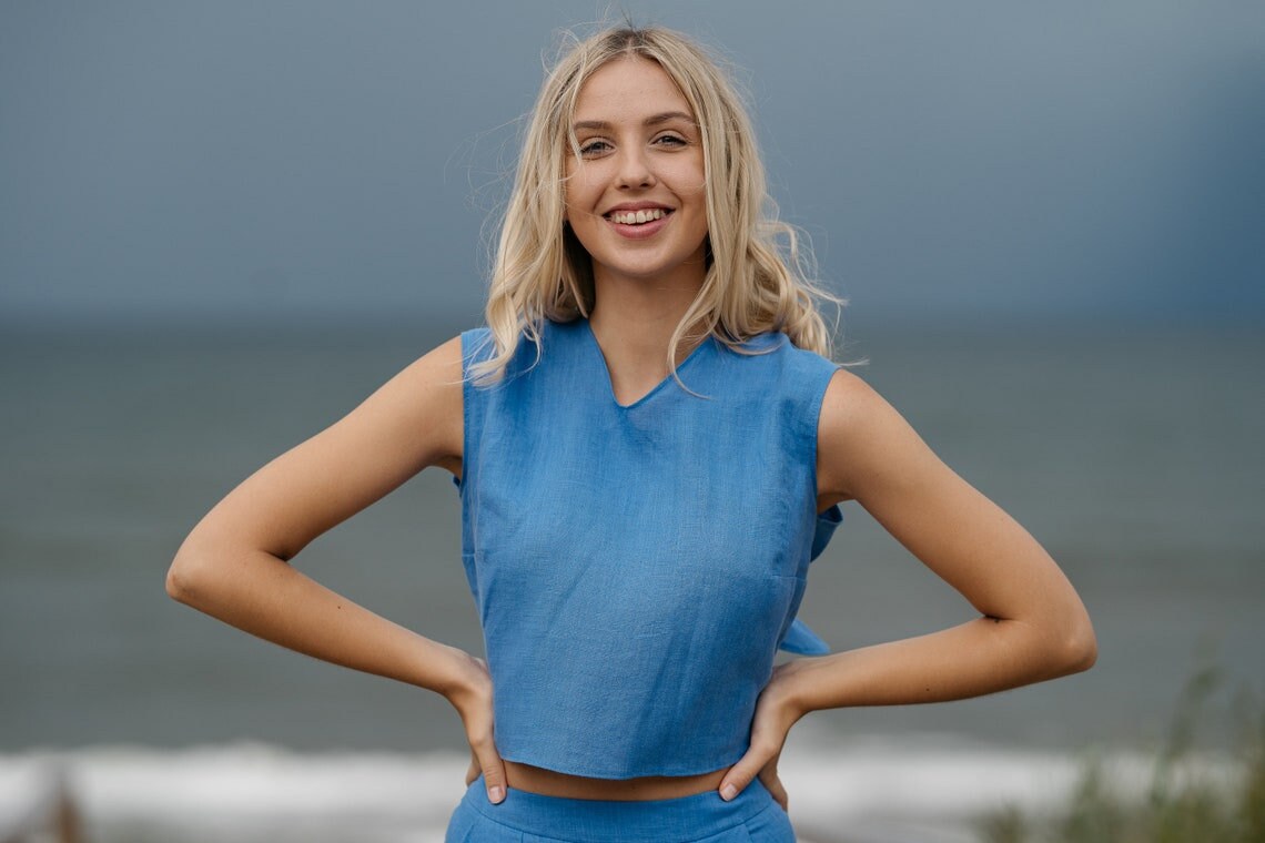 Linen Crop Top with Tie Back - Women's Summer Casual Shirt - Perfect for Beach, Vacation & Boho Outfits