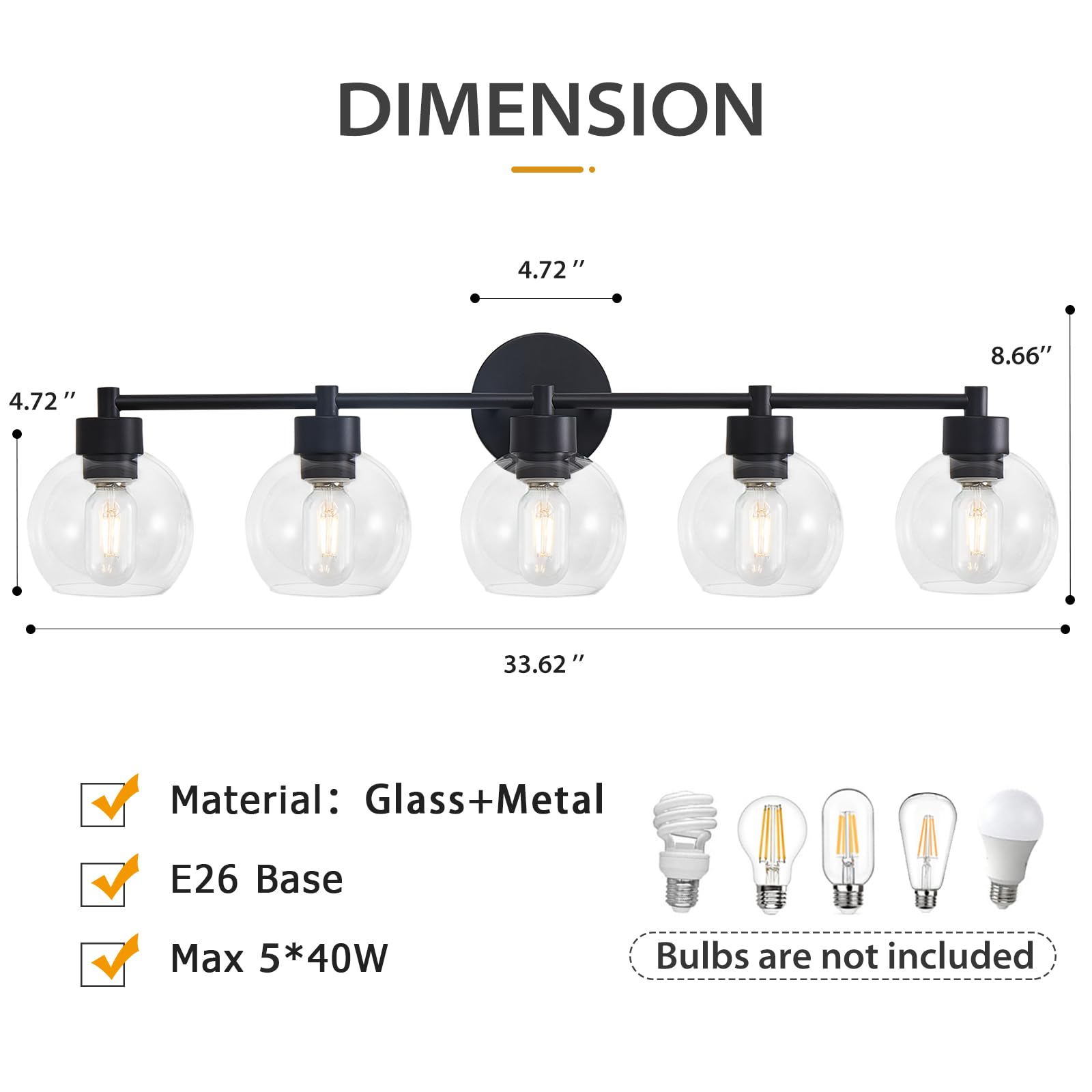 Matte Black 5-Light Bathroom Vanity Light with Globe Glass Shade & Metal Base - Modern Lighting Fixture for Bathroom Mirror, Stairs, Kitchen, Hallway, and Entryway