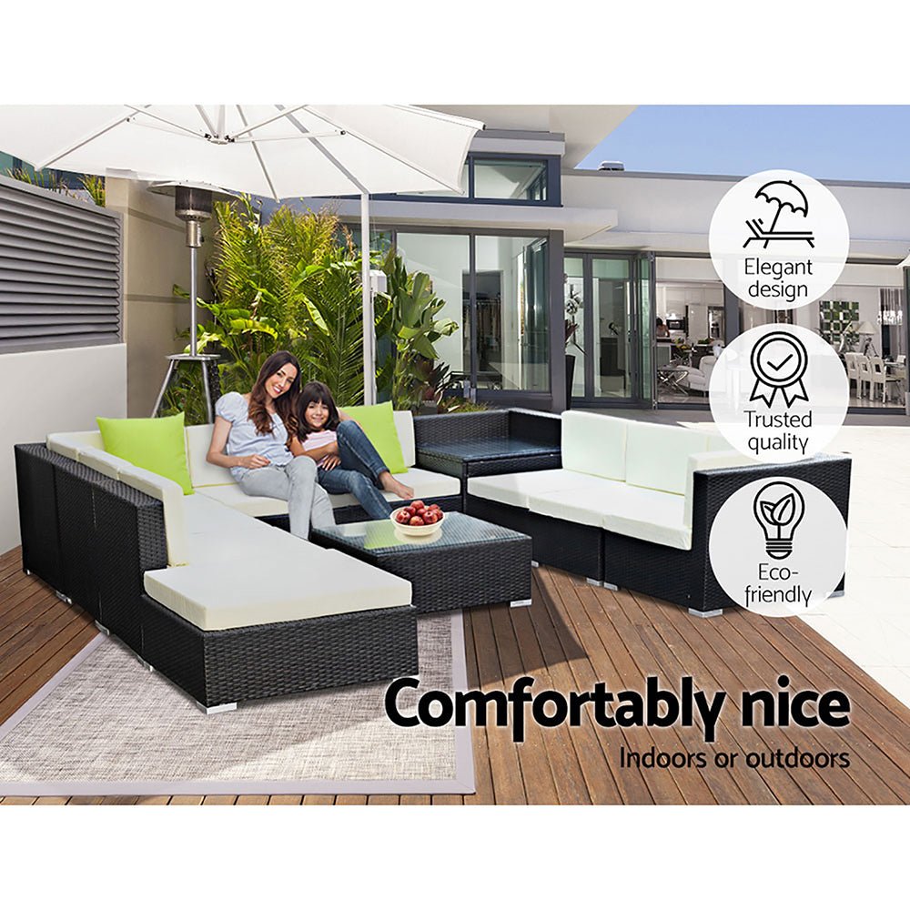 11-Piece Wicker Outdoor Lounge Set with Waterproof Storage Cover - Beige Patio Furniture for Garden, Poolside, and Backyard Relaxation