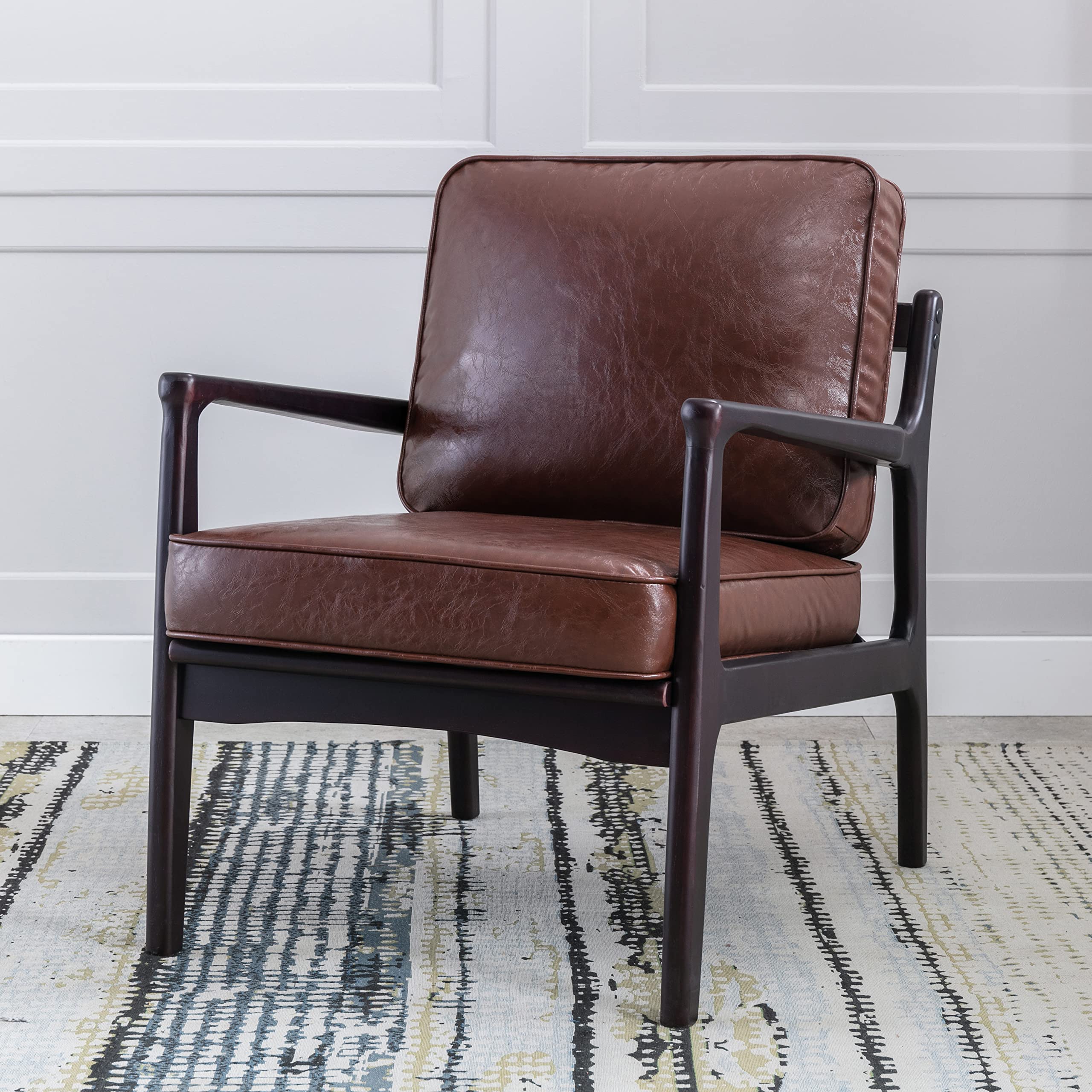 Mid Century Modern Armchair - SYCT Living Room Accent Chair with Wood Frame & Brown PU Cushion | Lounge Chair for Living Room, Bedroom, Home Office | Perfect for Reading Nook, Coffee Corner & Relaxation Space