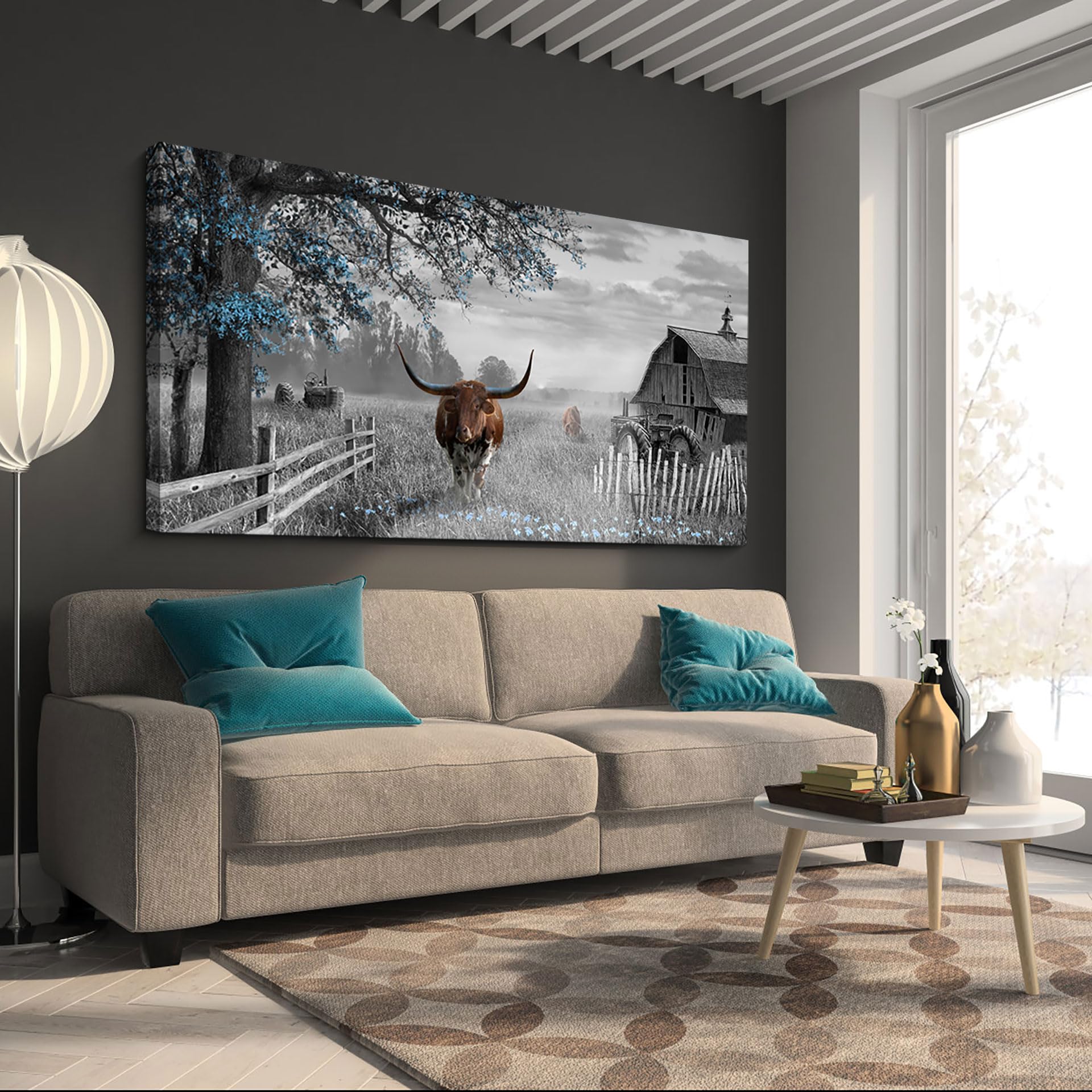Yiijeah Western Cow Picture Wall Decor - 24x48 Inches Longhorn Canvas Framed Artwork, Rustic Farmhouse Wall Art for Living Room, Bedroom, Kitchen & Office - Perfect for Western, Country & Ranch Style Home Decor