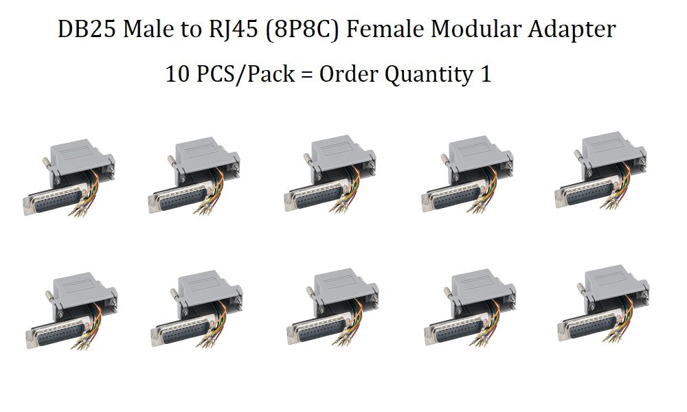 DB25 Male to RJ45 Female Modular Adapter - 10 Pack Gray | Network Cable Connector for Computer, Server & Telecom Equipment