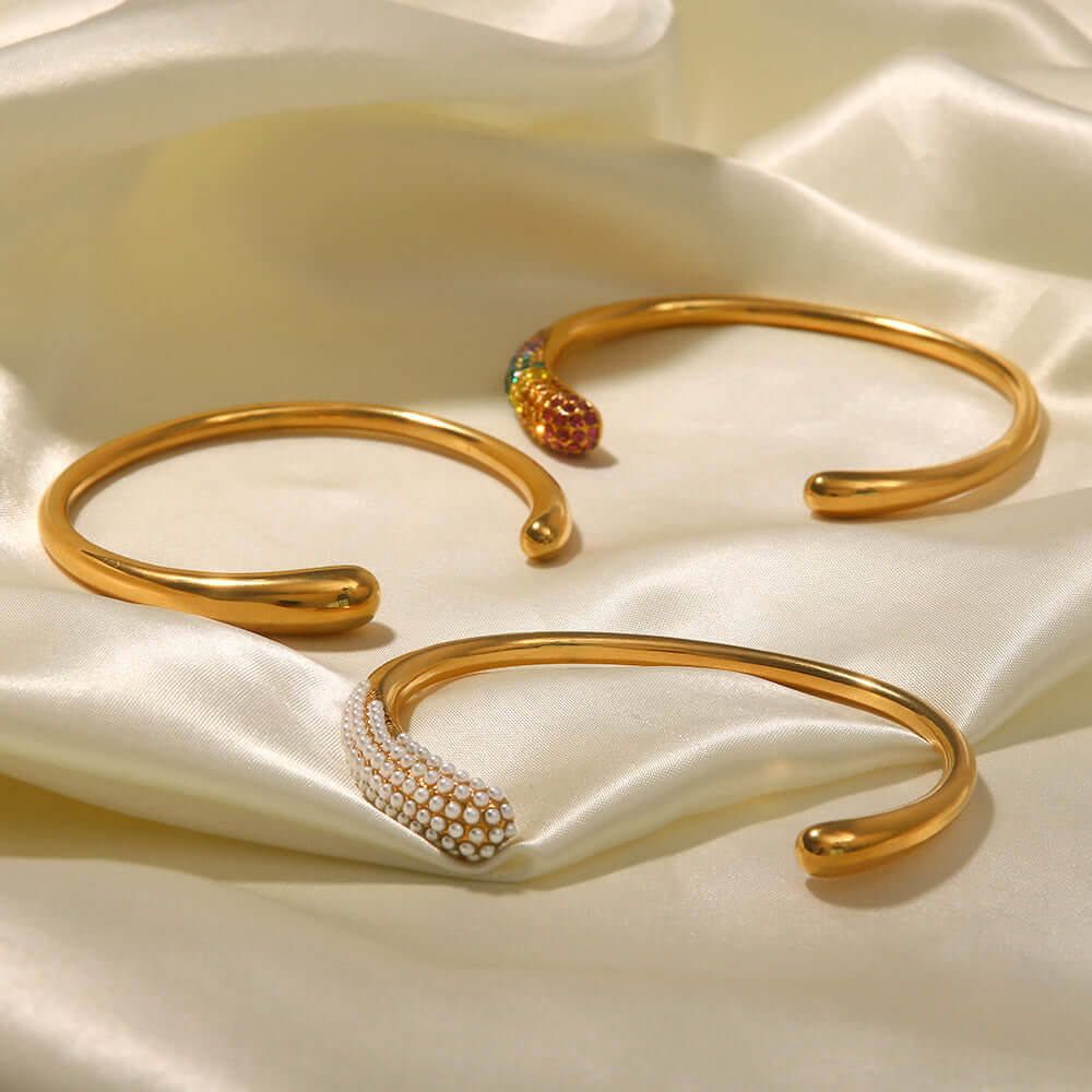 18K Gold Plated Pearl & Rainbow Open Cuff Bangle Bracelet - Elegant Jewelry for Women | Perfect for Parties, Weddings & Special Occasions | JDB489