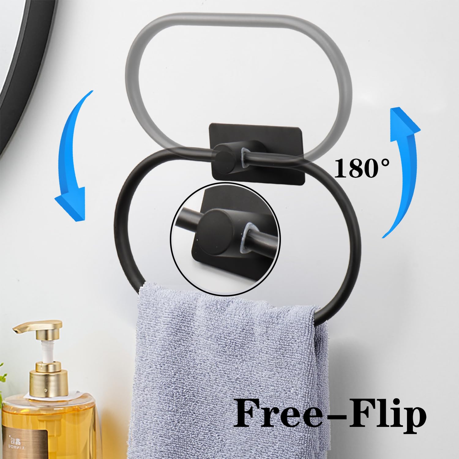 Stick-On Oval Towel Ring - No Drill Self Adhesive Hand Towel Holder - Thick 304 Stainless Steel Bathroom & Kitchen Towel Hanger - Matte Black - Perfect for Small Spaces & Rental Homes