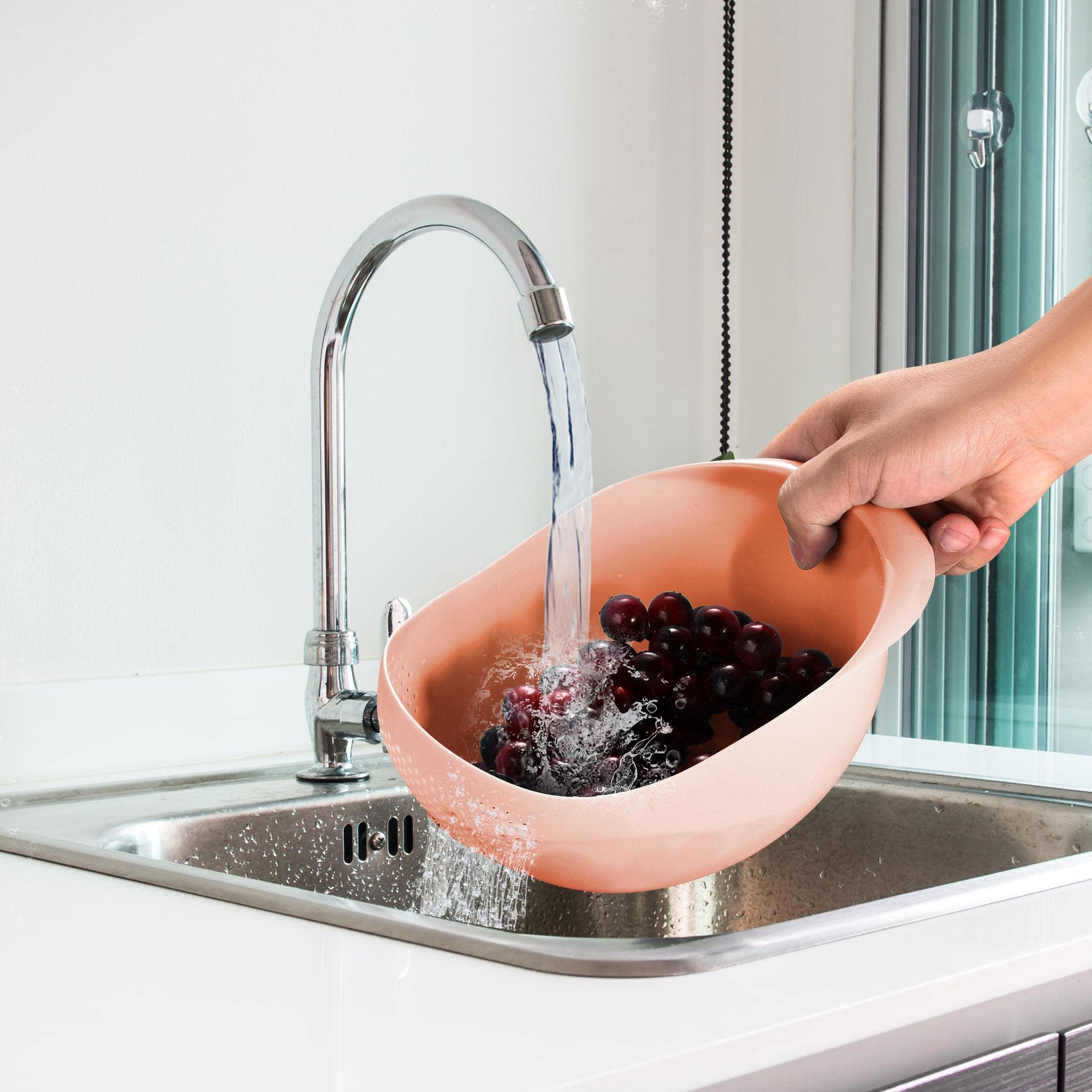 uxcell Plastic Rice Wash Sieve - Multi-Purpose Kitchen Colander for Washing Rice, Fruits & Vegetables - Pink Drain Basket Strainer - Perfect for Asian Cooking, Meal Prep & Healthy Eating