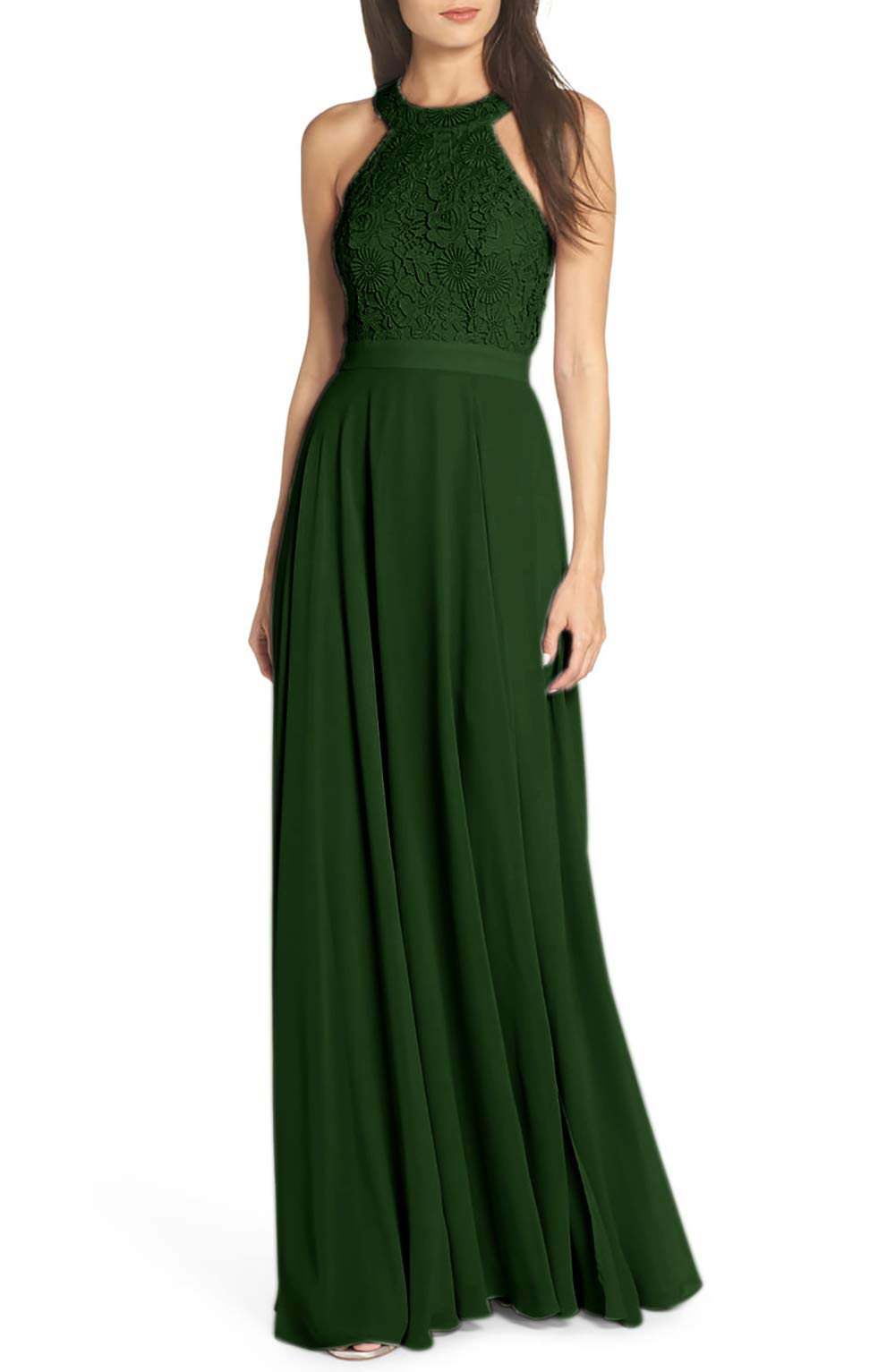 Elegant Long Chiffon Prom Dresses with Lace Detail - Halter Formal Evening Gowns for Bridesmaids & Prom Night | Perfect for Weddings, Galas, and Special Occasions