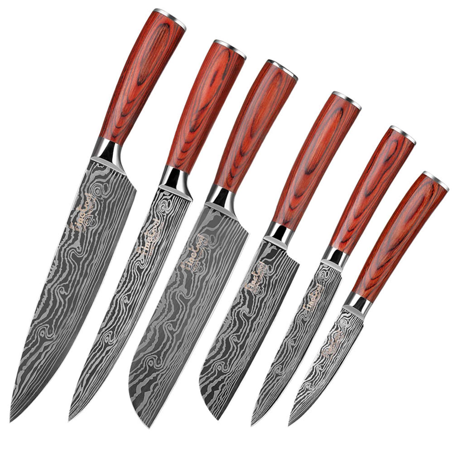 Premium Japanese 7Cr17MOV High Carbon Stainless Steel 6-Piece Chef Knife Set - Professional Kitchen Knives with Red Solid Wood Handle for Meat, Vegetable & Cooking | Perfect for Home Chefs, Culinary Gifts & Restaurant Use