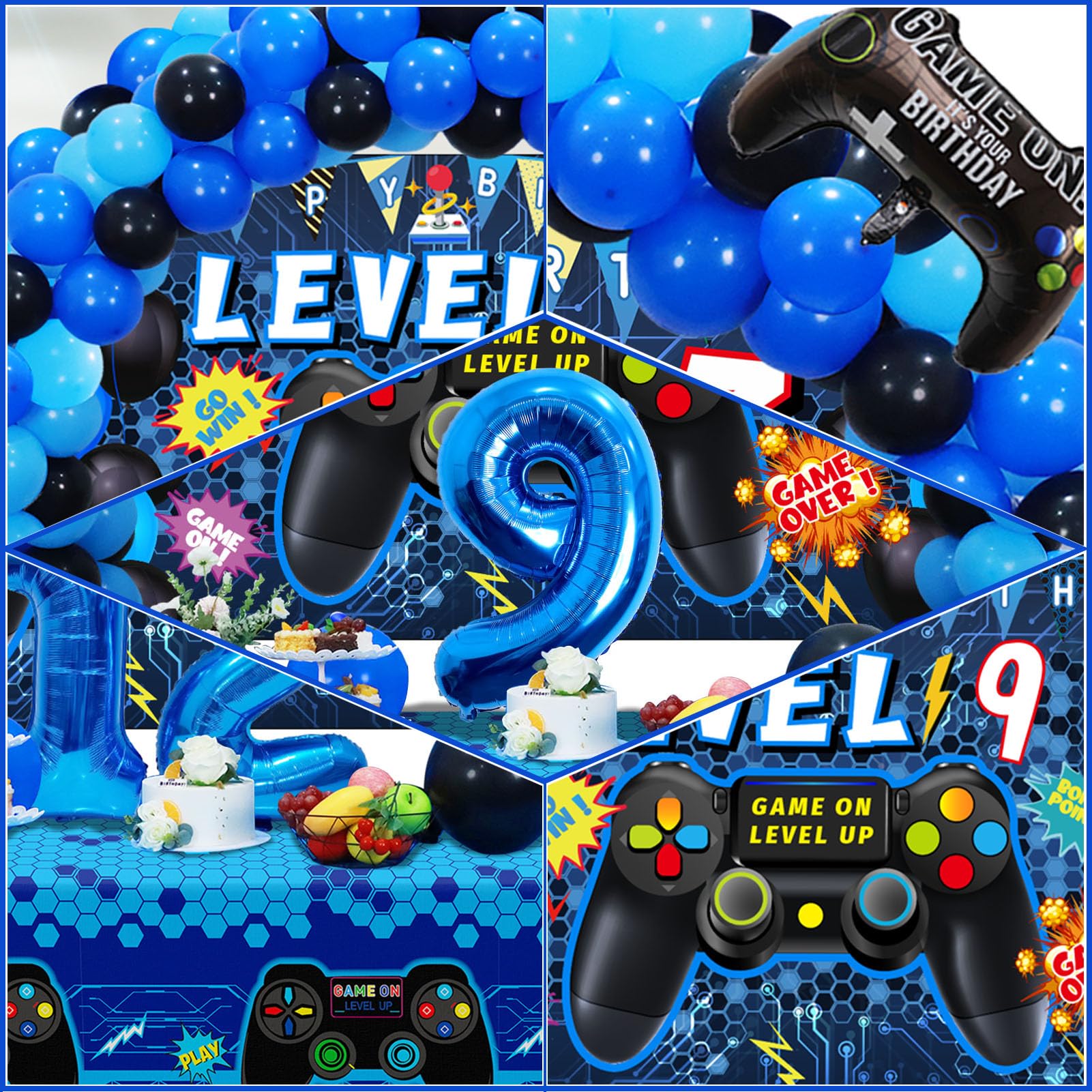 Vlipoeasn 90PCS Blue Video Game Party Decorations Set for Boys - 9th Birthday Party Supplies with Backdrop, Balloons & Tablecloth - Perfect for Gamer Themed Birthday Parties, Gaming Events & Kids Celebrations