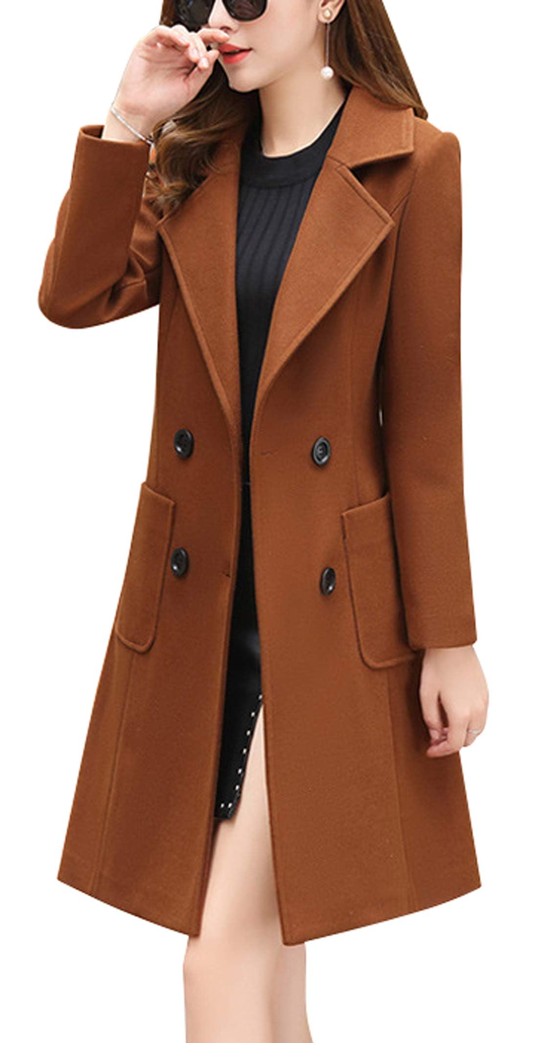 Elegant Notched Collar Double Breasted Wool Blend Overcoat for Women | Winter Warm Trench Coat | Office Work & Formal Occasions