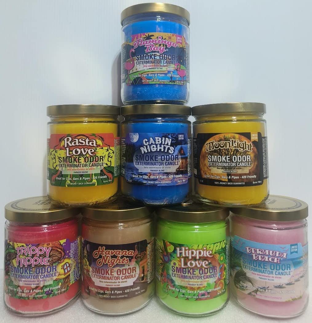 Flamingo Bay Smoke Odor Eliminator Candles - Set of 8 (13 oz Each) with Havana Nights, Moon Light, Bermuda Beach & More | Home Fragrance for Living Room, Bedroom, Bathroom & Office