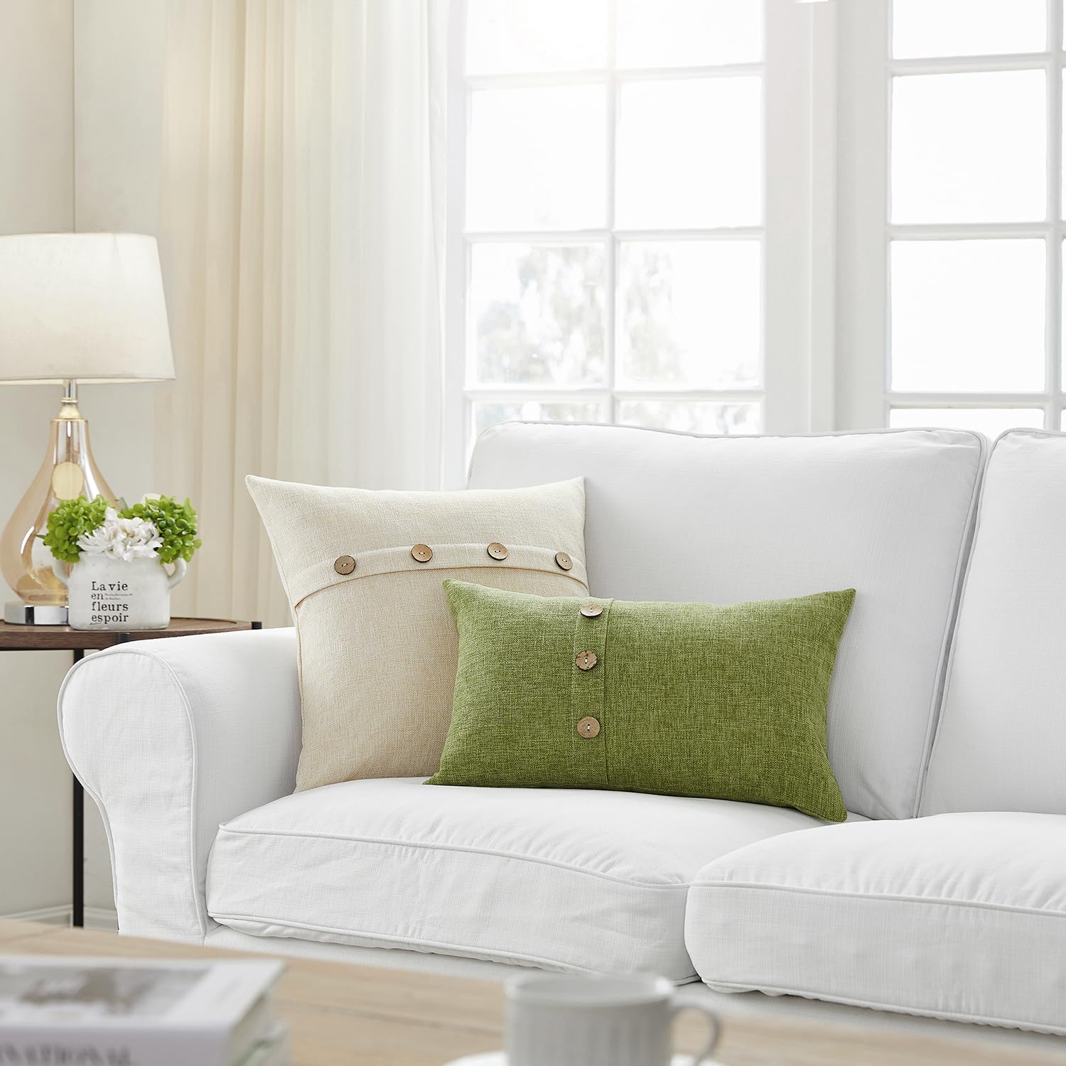 Meekio Set of 2 Light Beige Square Pillow Covers 20x20 Inches - Farmhouse Style Decorative Throw Pillow Cases with Coconut Buttons for Sofa, Couch, Living Room & Bedroom - Cozy Home Decor for Relaxing & Accent Styling