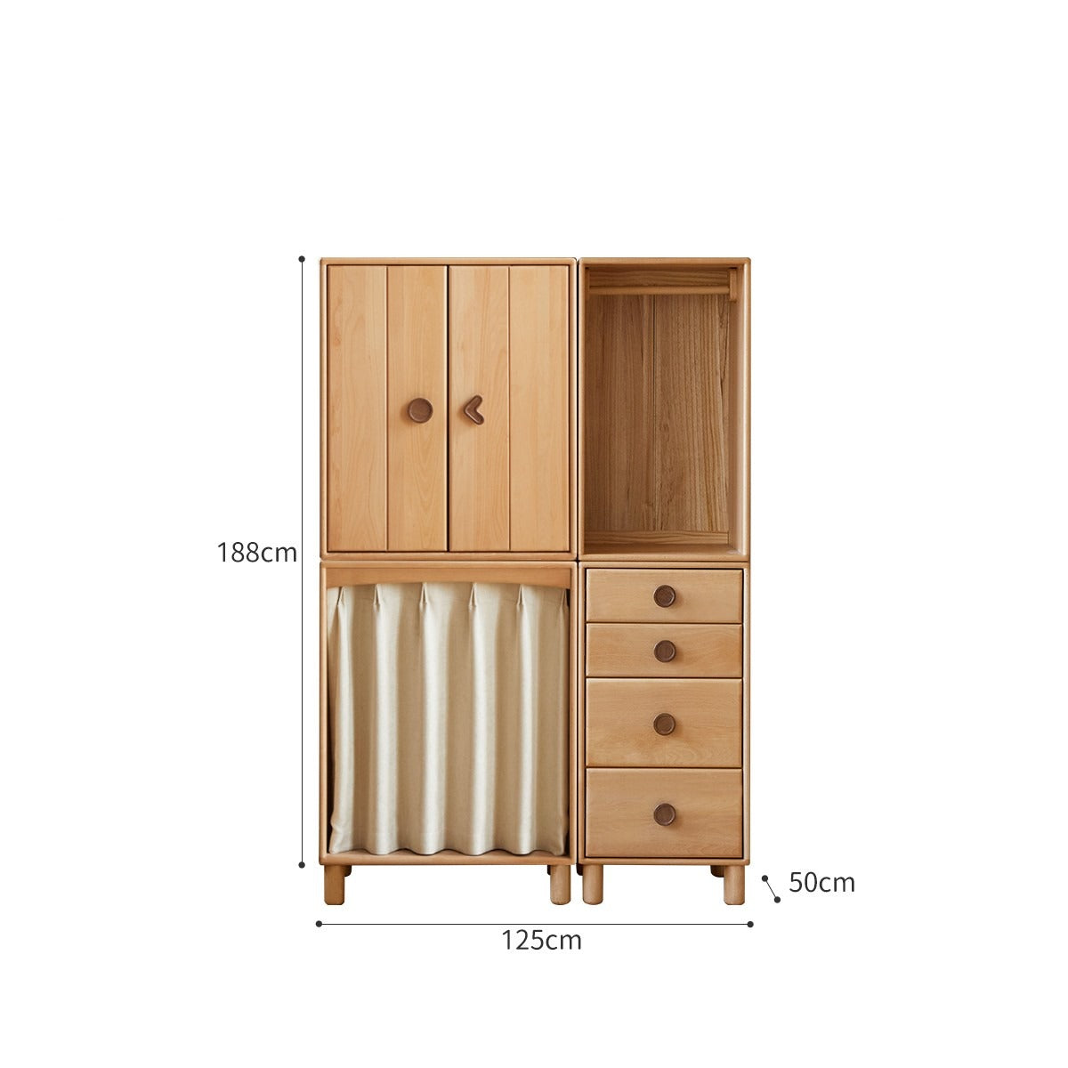 Solid Wood Beech & Rubber Kids Wardrobe - Multi-Functional Storage Cabinet for Bedroom, Nursery, and Playroom Organization
