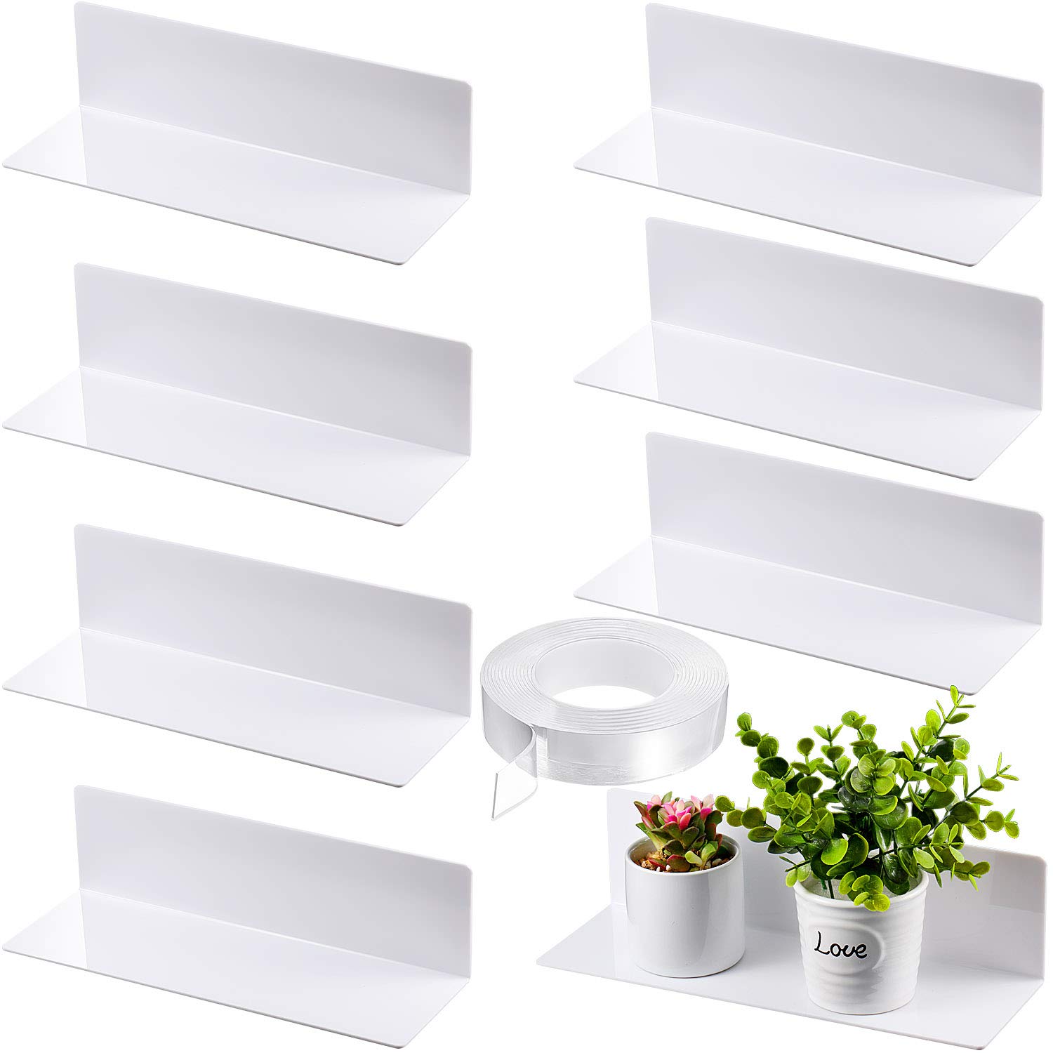 Jetec 8-Piece Acrylic Floating Shelves Set - 12 Inch Clear Wall Mounted Display Shelves with 5M Nano Double-Sided Tape - Perfect for Bedroom, Living Room, Bathroom, Office & Gaming Room Decor (White) - Ideal for Books, Plants, Collectibles & Home Organization