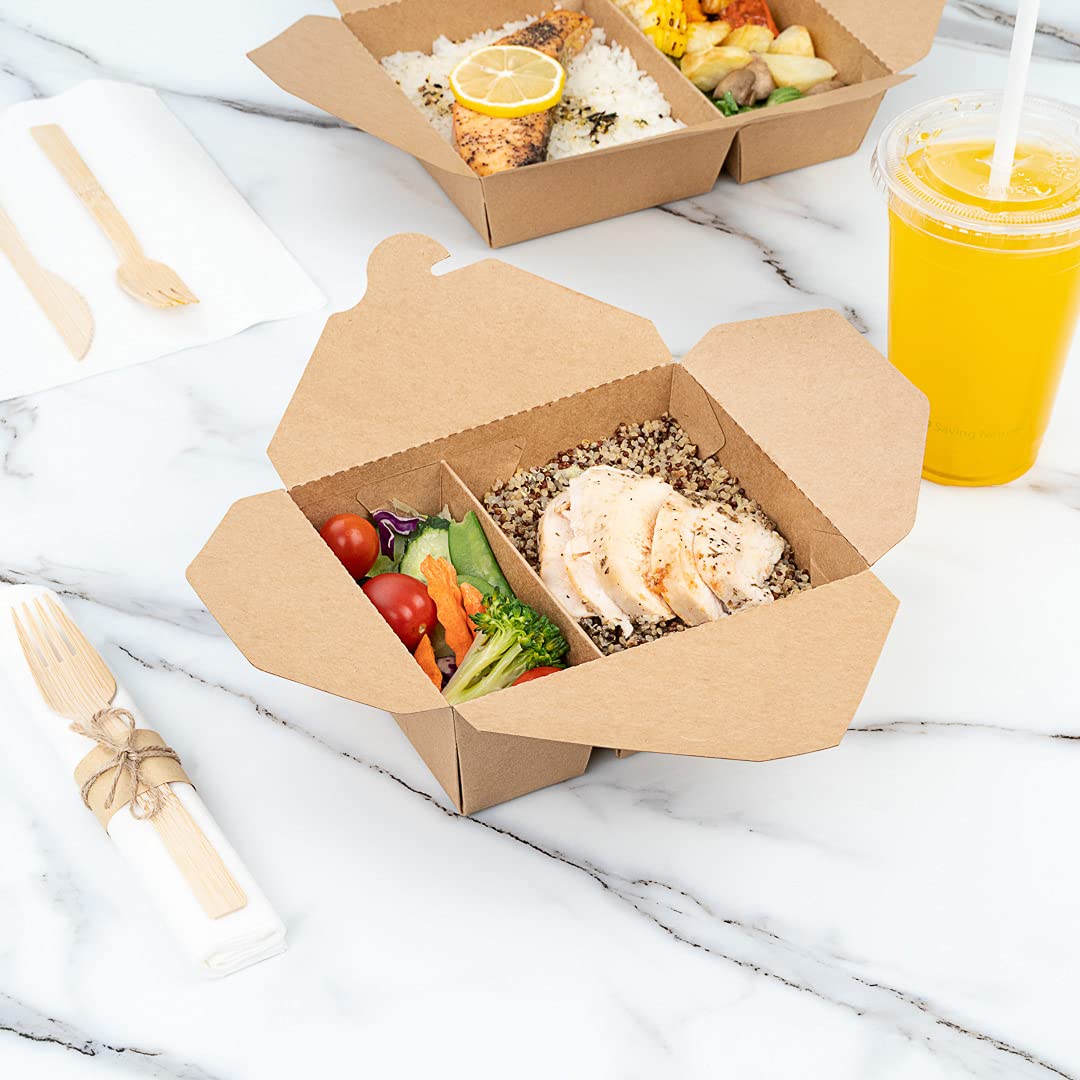 Eco-Friendly 47oz Kraft Paper Takeout Containers - 200 Pack 2-Compartment Greaseproof Food Boxes with Secure Tab-Lock | Ideal for Restaurants, Catering & Meal Prep | Safe for Hot/Cold Foods, Perfect for Takeout, Delivery & Leftovers