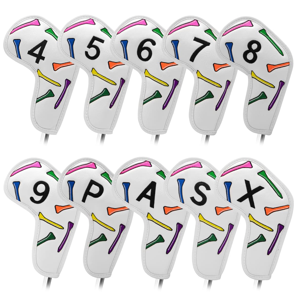 Premium 9/10pcs Leather Golf Iron Head Covers with Magic Tape - Universal Fit for Most Golf Club Brands (Colorful Tee Design) - Protect Your Irons During Storage & Travel