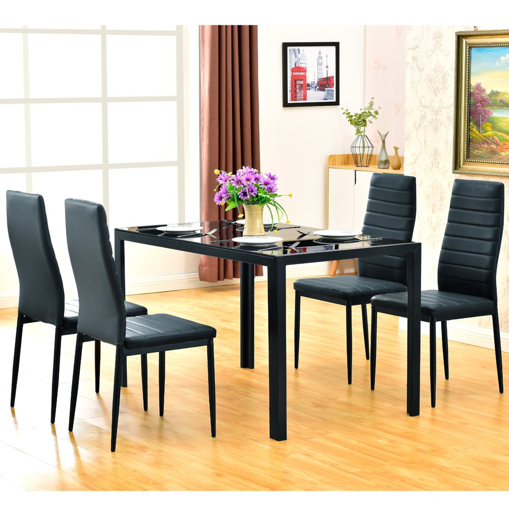 5-Piece Modern Dining Table Set with Tempered Glass Top & 4 Faux Leather Chairs - Metal Frame Kitchen Furniture for Dining Room, Breakfast Nook, Small Space - Black (Set 1) | Perfect for Apartments, Condos & Compact Homes