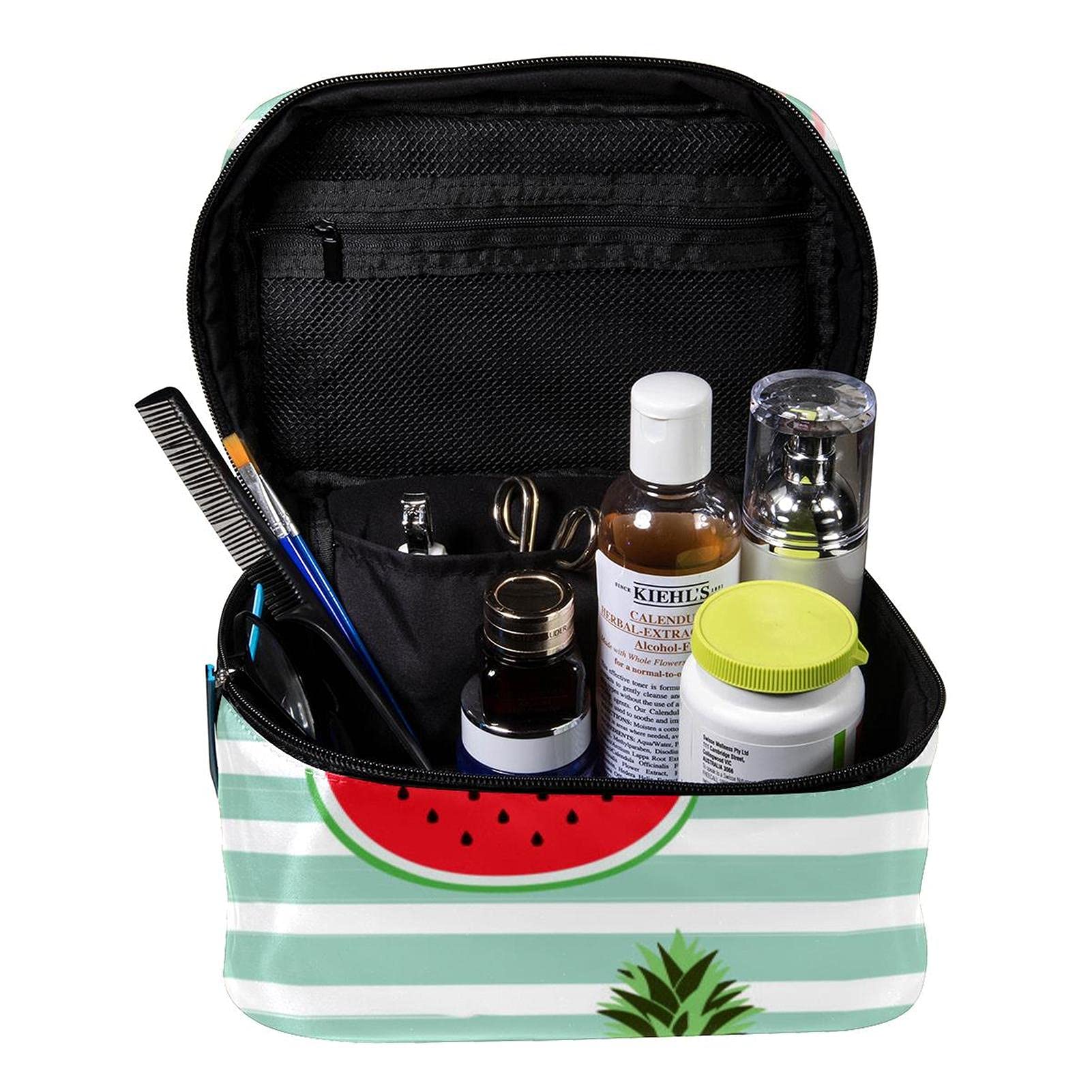 Flamingo Pineapple Watermelon Print Large Travel Makeup Bag - Waterproof Cosmetic Organizer with Zipper for Women & Girls - Perfect for Vacation, Gym, Beach Trips and Daily Use