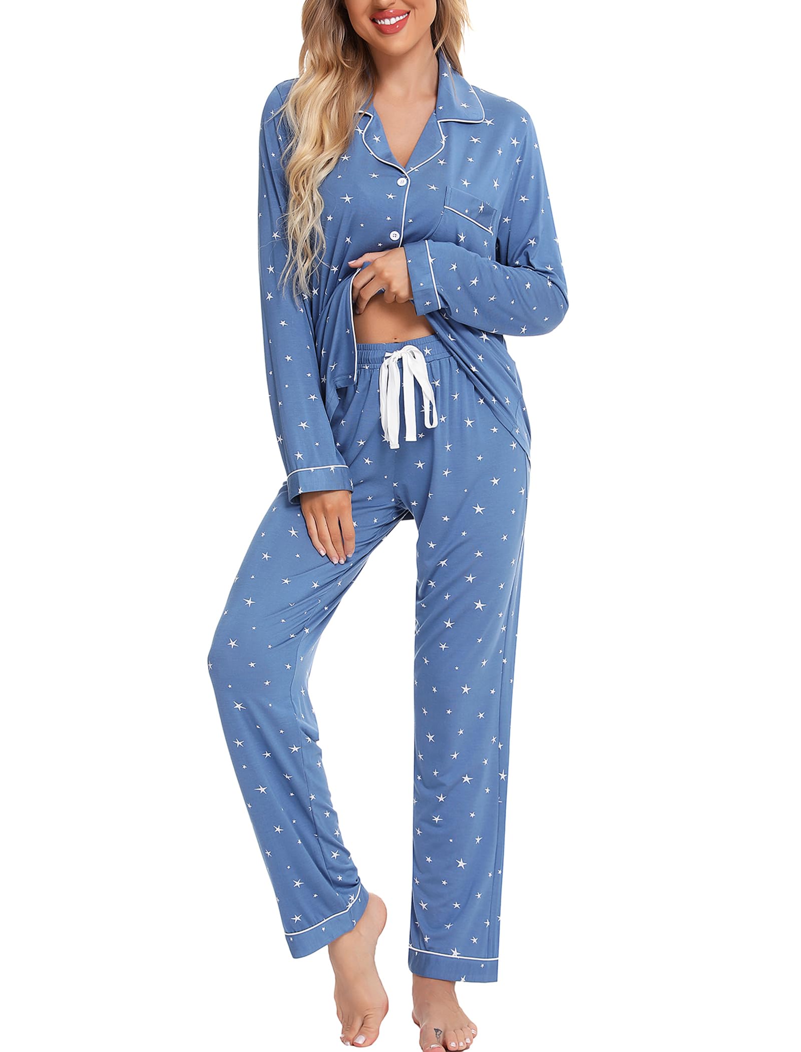 Leikar Women's Button-Up Pajama Set - Soft Long Sleeve Shirt & Lounge Pants | Cozy Sleepwear for Nighttime & Relaxing at Home