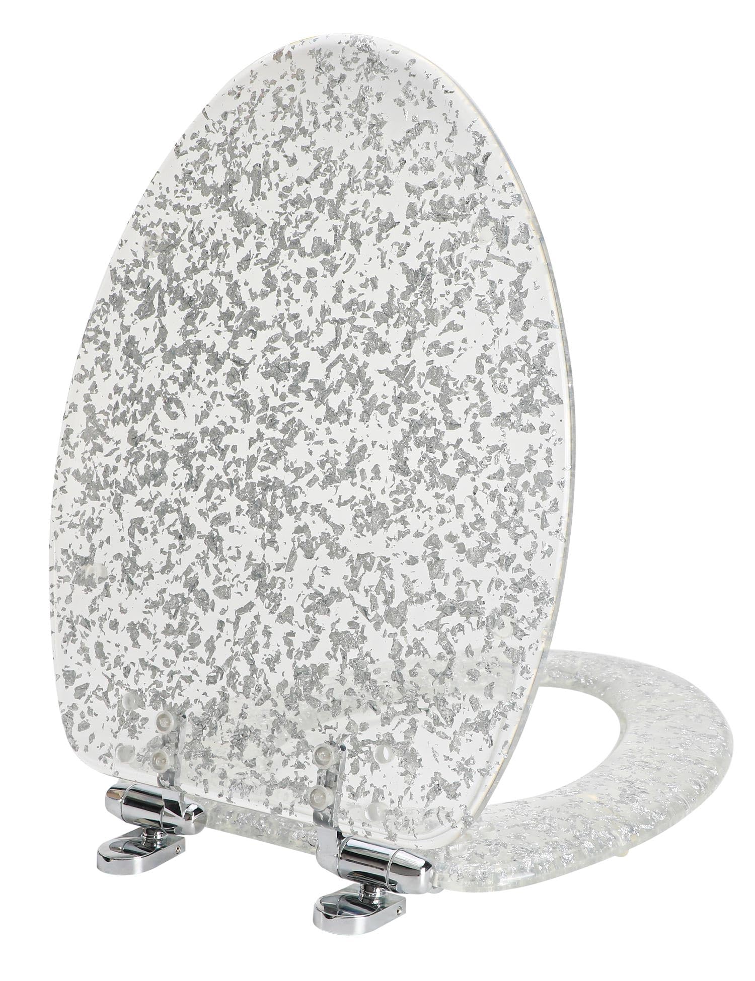 Glitter Silver Resin Elongated Toilet Seat with Slow Quiet-Close Lid - Heavy Duty Standard Size Toilet Seat (19 Inch, Silver Foil, Upgraded Hinge) - Easy Installation & Cleaning for Bathroom, Home & Commercial Use