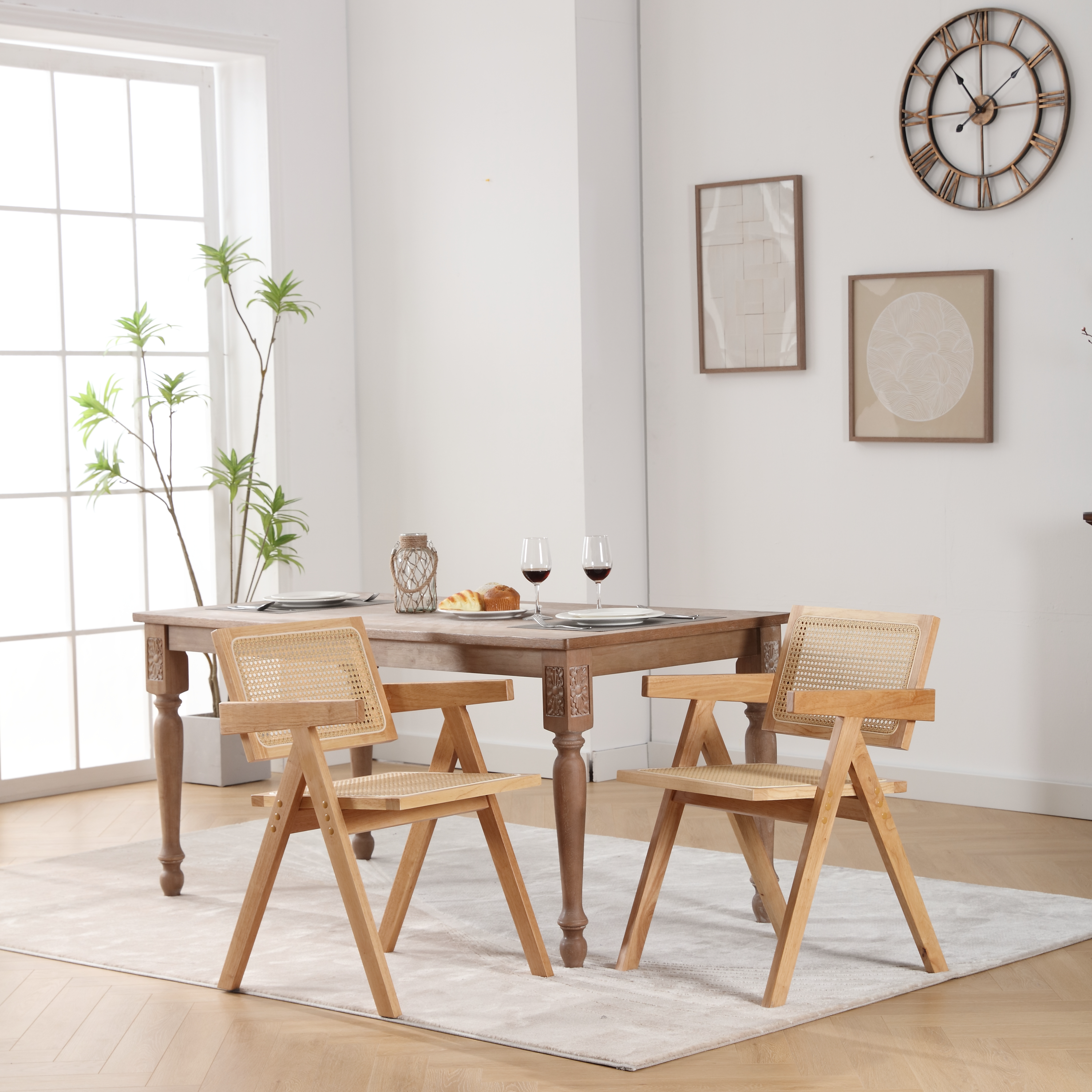 Handmade Solid Wood Cane Dining Chairs Set of 2 - Natural Rattan Armchairs for Living Room, Dining Room, Balcony & Garden - Perfect for Indoor and Outdoor Relaxation, Entertaining & Cozy Dining