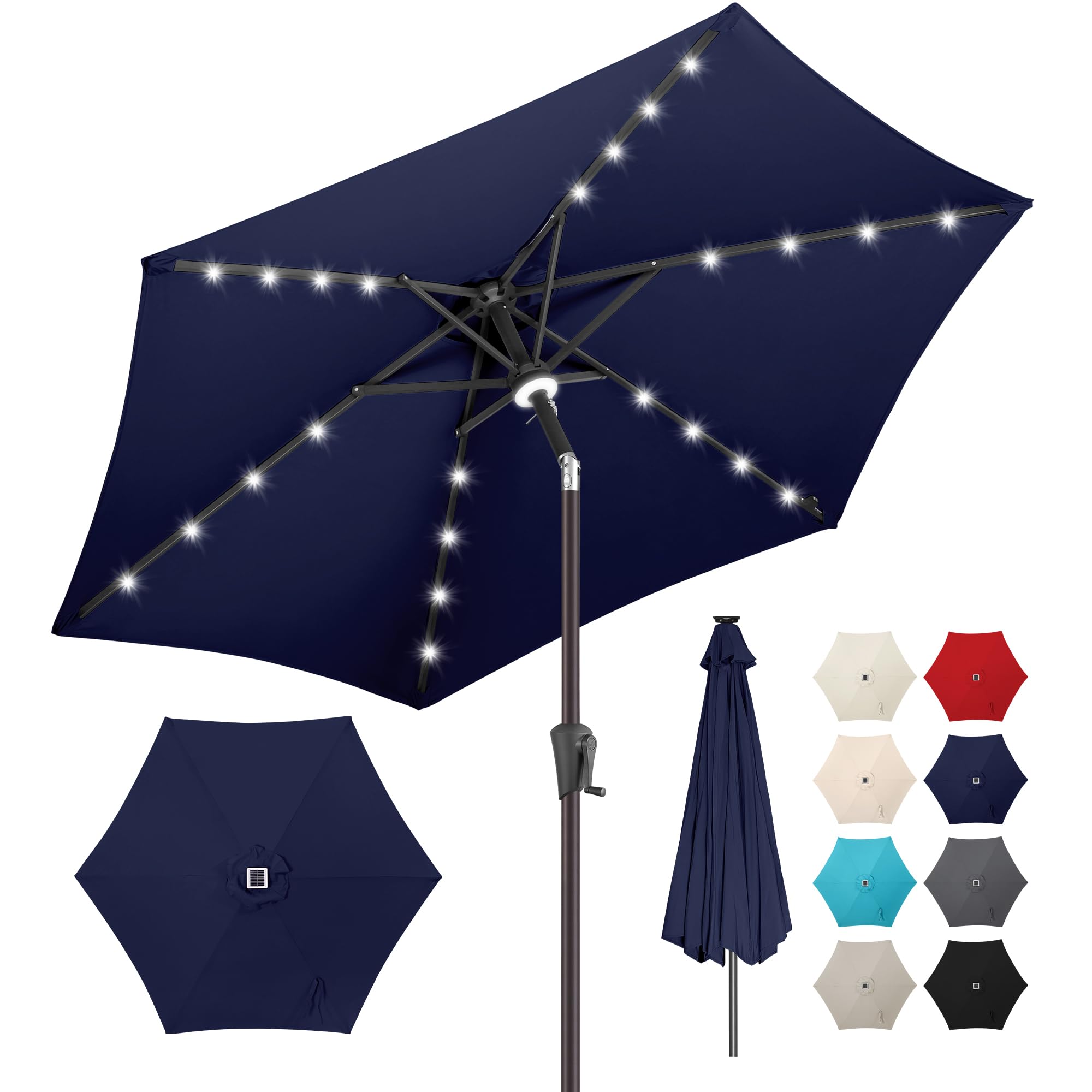 7.5ft Solar Powered LED Patio Umbrella - Waterproof Outdoor Table Umbrella with 24 LED Lights & UV Protection, Tilt & Crank Mechanism for Poolside, Garden, Deck, Backyard (Dark Blue) - Perfect for Outdoor Dining, Lounging, and Summer Entertaining